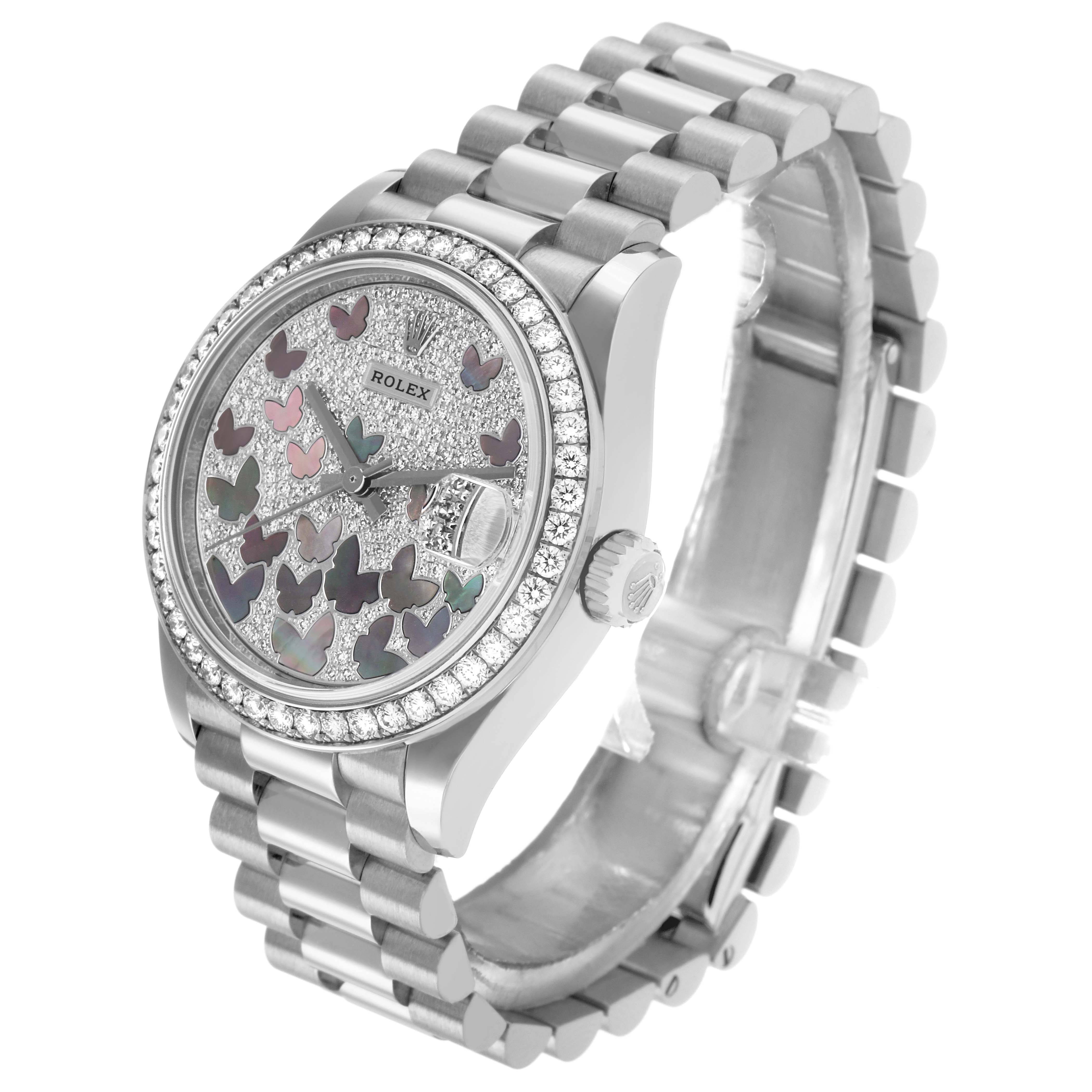 The Rolex President 278288 Women's White Gold Mother of Pearl Dial watch is shown at a three-quarter angle, highlighting the dial, bezel, crown, and bracelet.