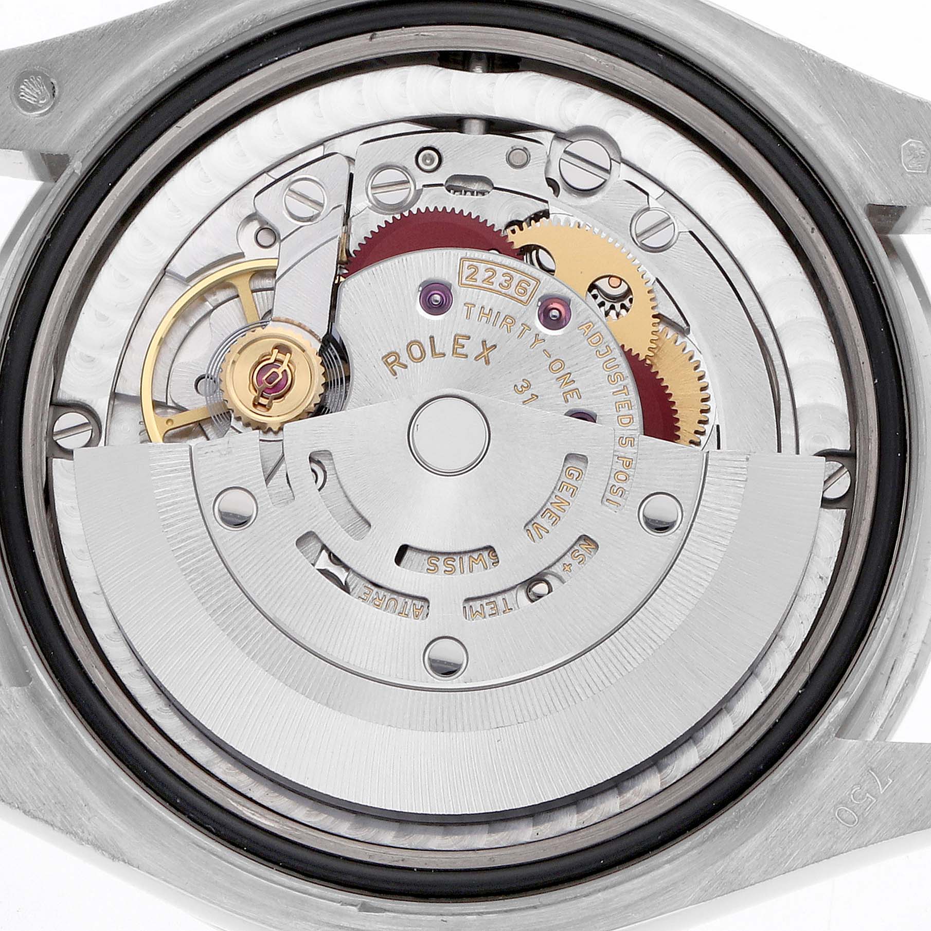 The image shows the movement mechanism of a Rolex President 278288 Women's White Gold Mother of Pearl Dial watch from the back.