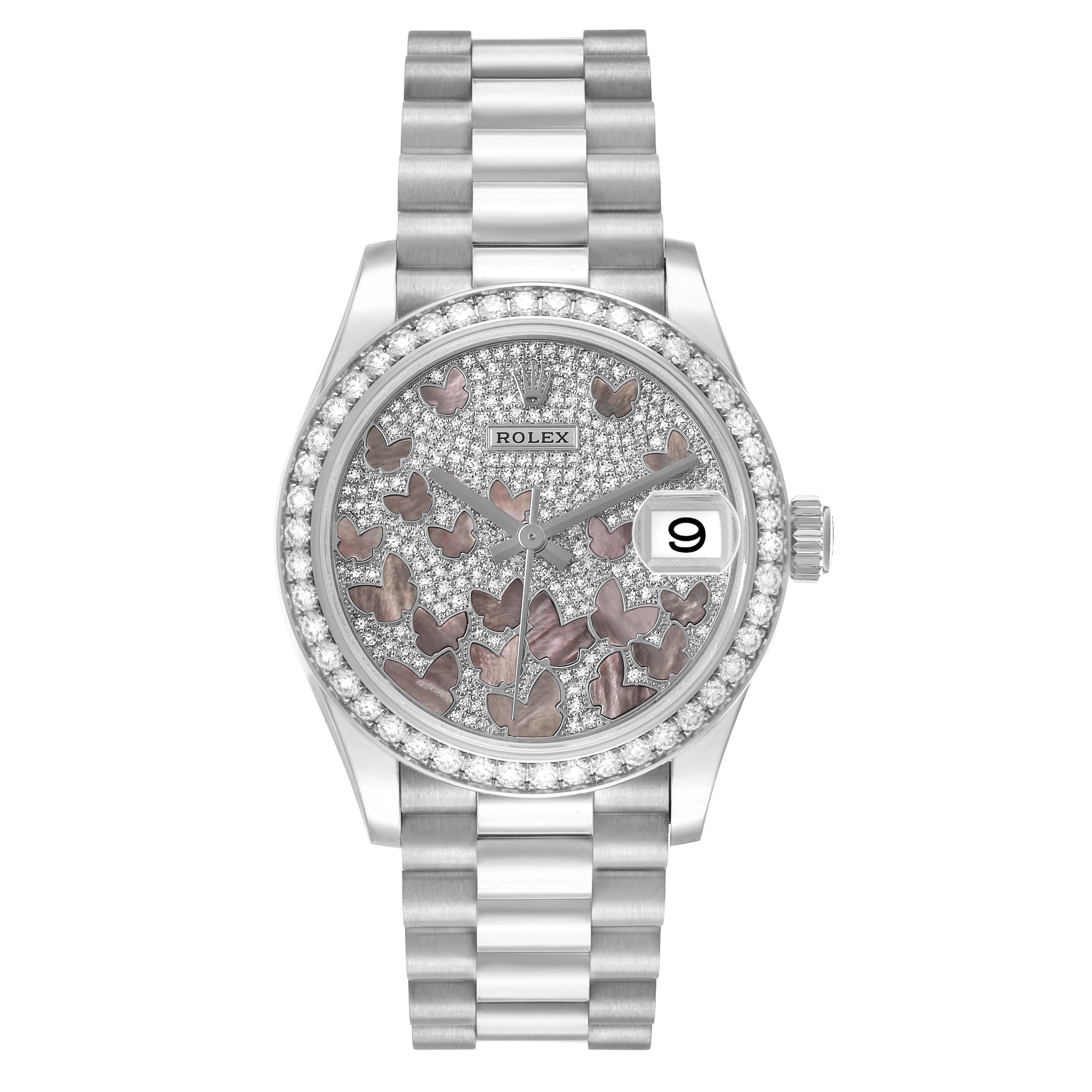 The Rolex President 278288 Women's White Gold Mother of Pearl Dial watch is shown from the front, displaying the dial, bezel, case, and bracelet.