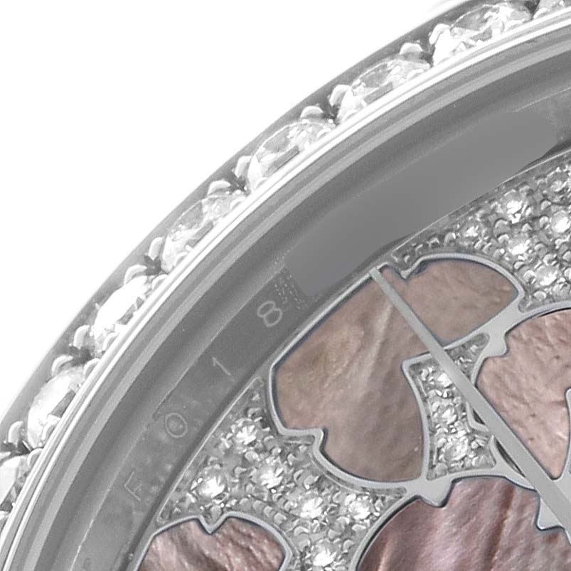 The image shows a close-up of the bezel and dial details of a Rolex President 278288 Women's White Gold Mother of Pearl Dial model, highlighting its jeweled elements.