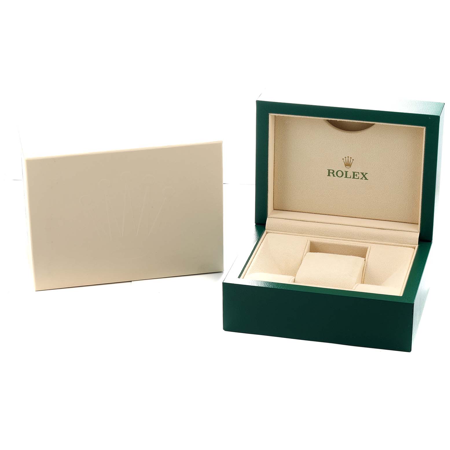 The image shows an open Rolex watch box for the President model, along with its outer packaging.