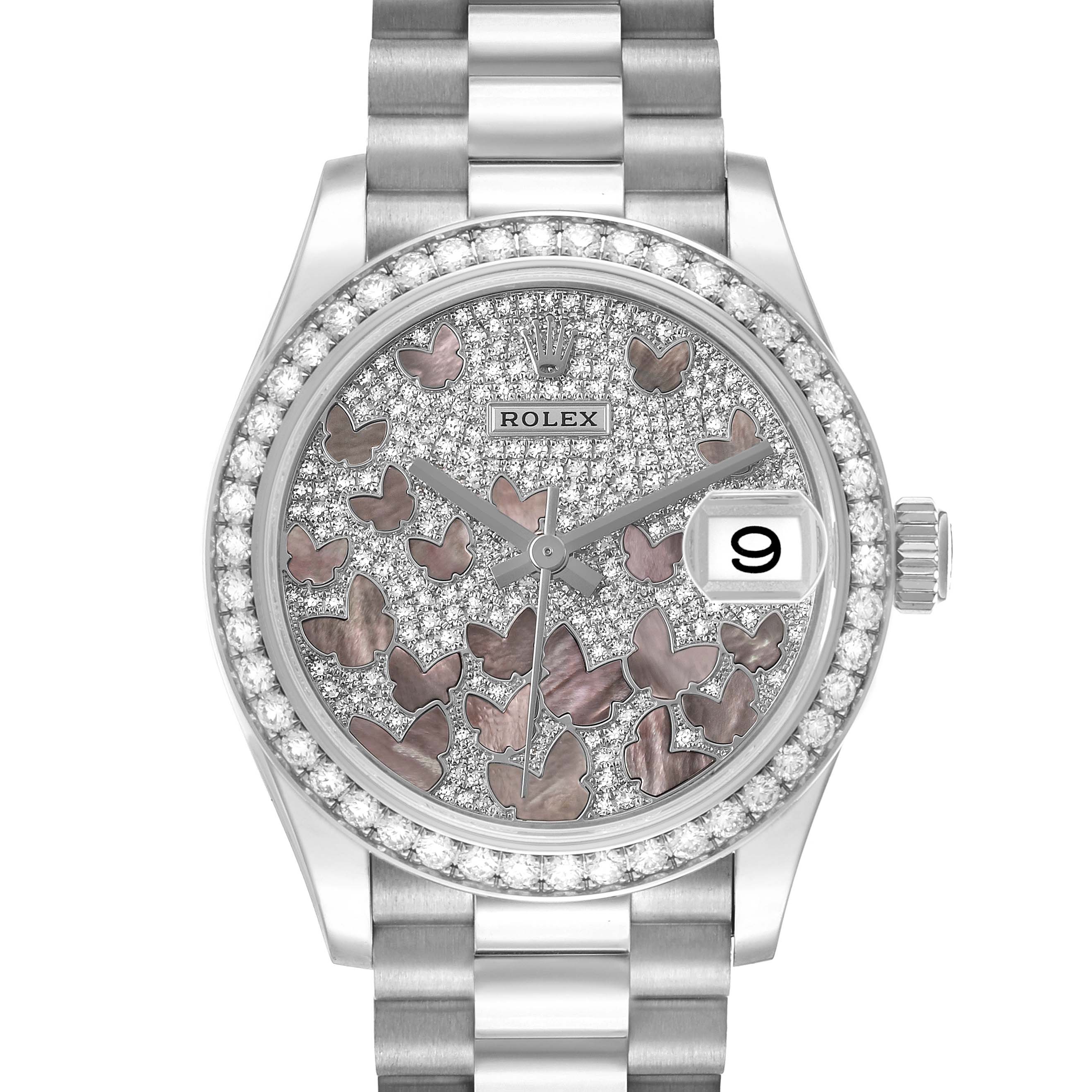 The Rolex President 278288 Women's White Gold Mother of Pearl Dial watch is shown from a front angle, highlighting the dial, bezel, and bracelet.