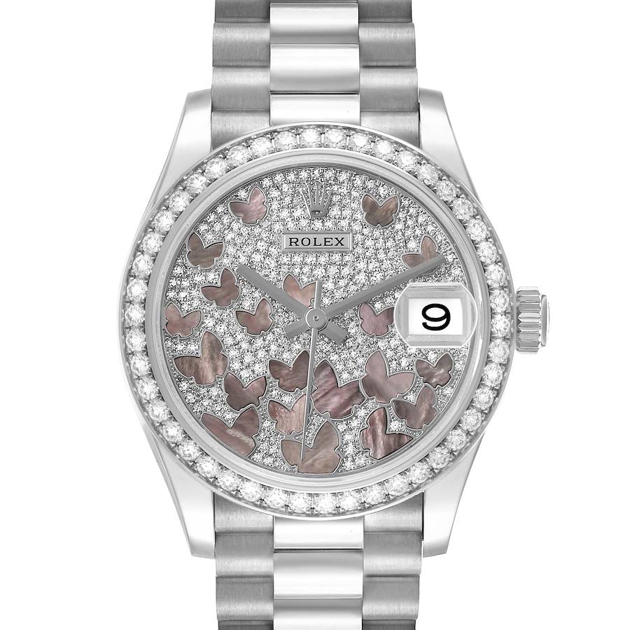 The Rolex President 278288 Women's White Gold Mother of Pearl Dial watch is shown from a front angle, highlighting the dial, bezel, and bracelet.