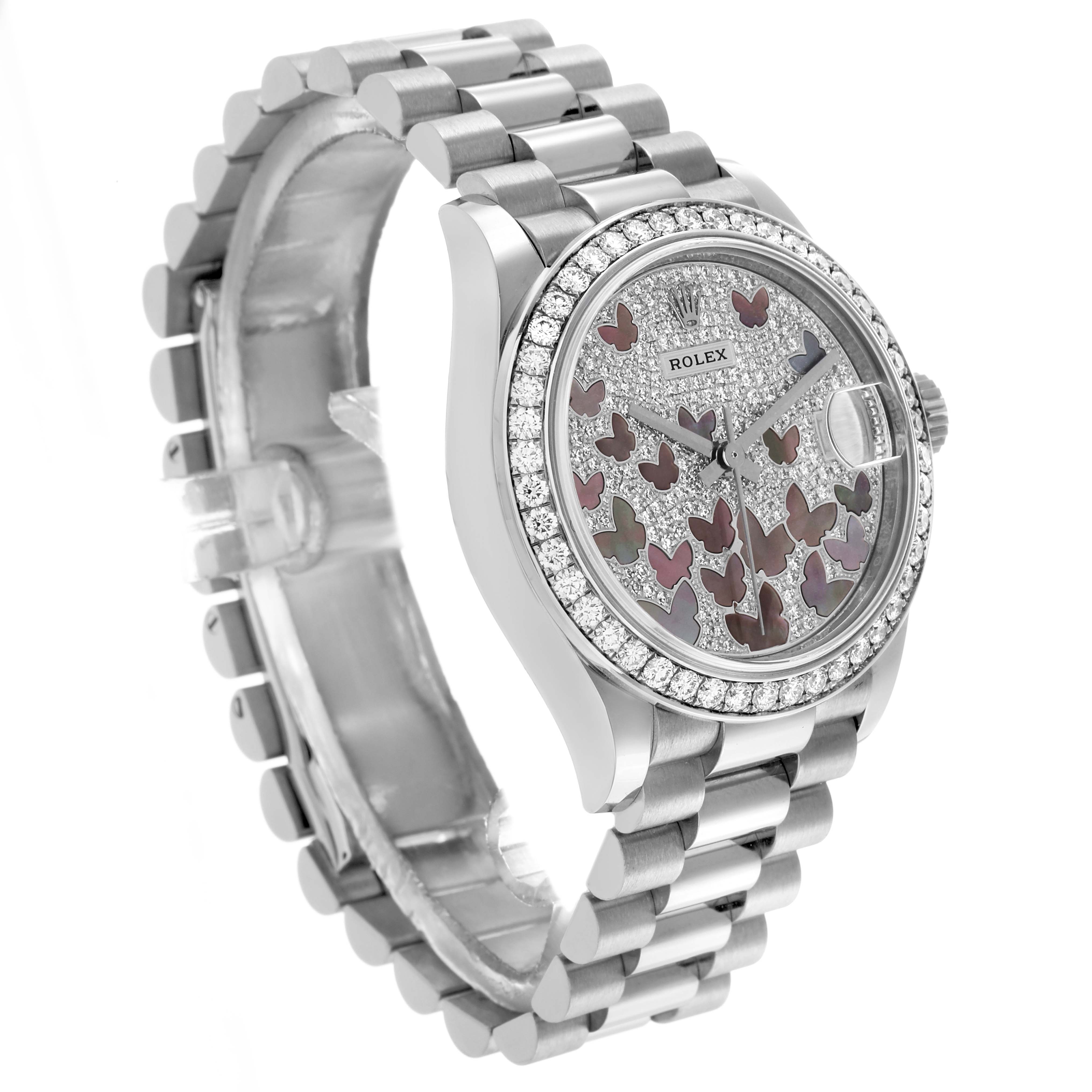 The Rolex President 278288 Women's White Gold Mother of Pearl Dial model watch is shown at a three-quarter angle, displaying the bracelet, bezel, dial, and crown.