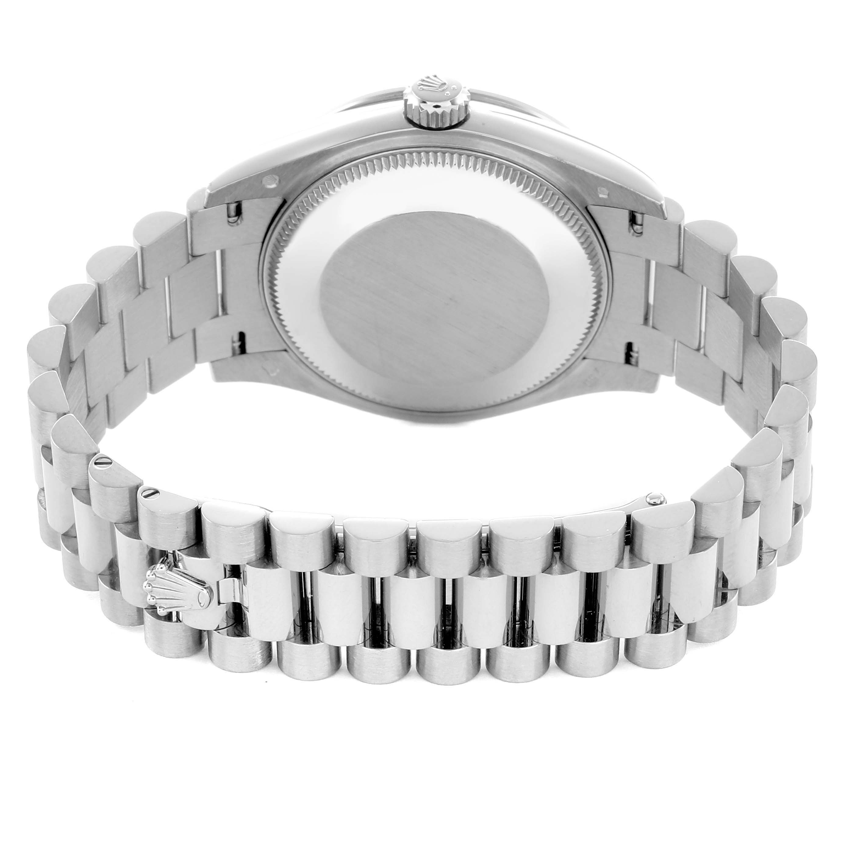 The image shows the back case and bracelet of a Rolex President 278288 Women's White Gold Mother of Pearl Dial model watch from a rear angle.