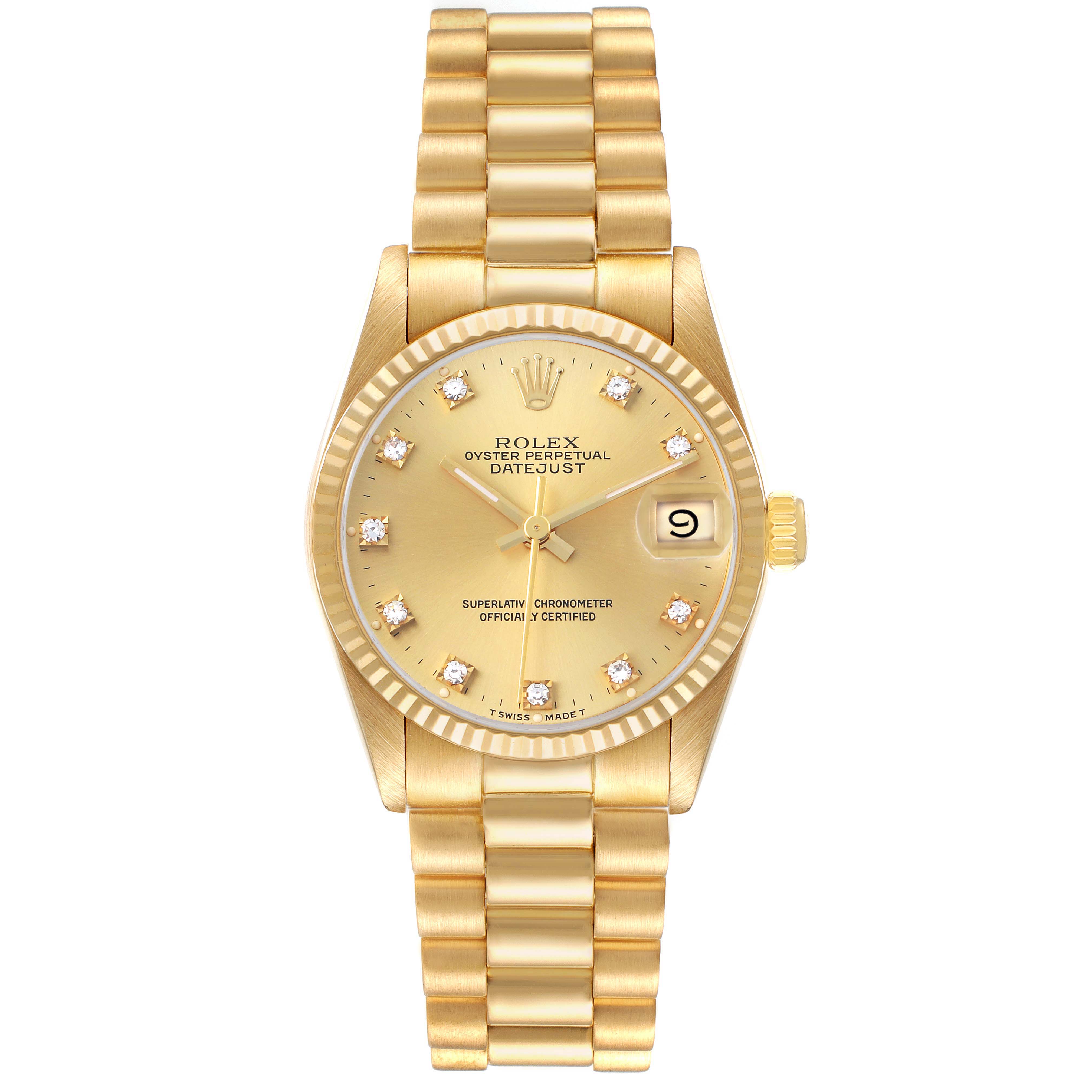 The Rolex President 68278 Women's Yellow Gold Champagne Dial model is shown from a top angle, displaying the gold dial, fluted bezel, link bracelet, and date window.