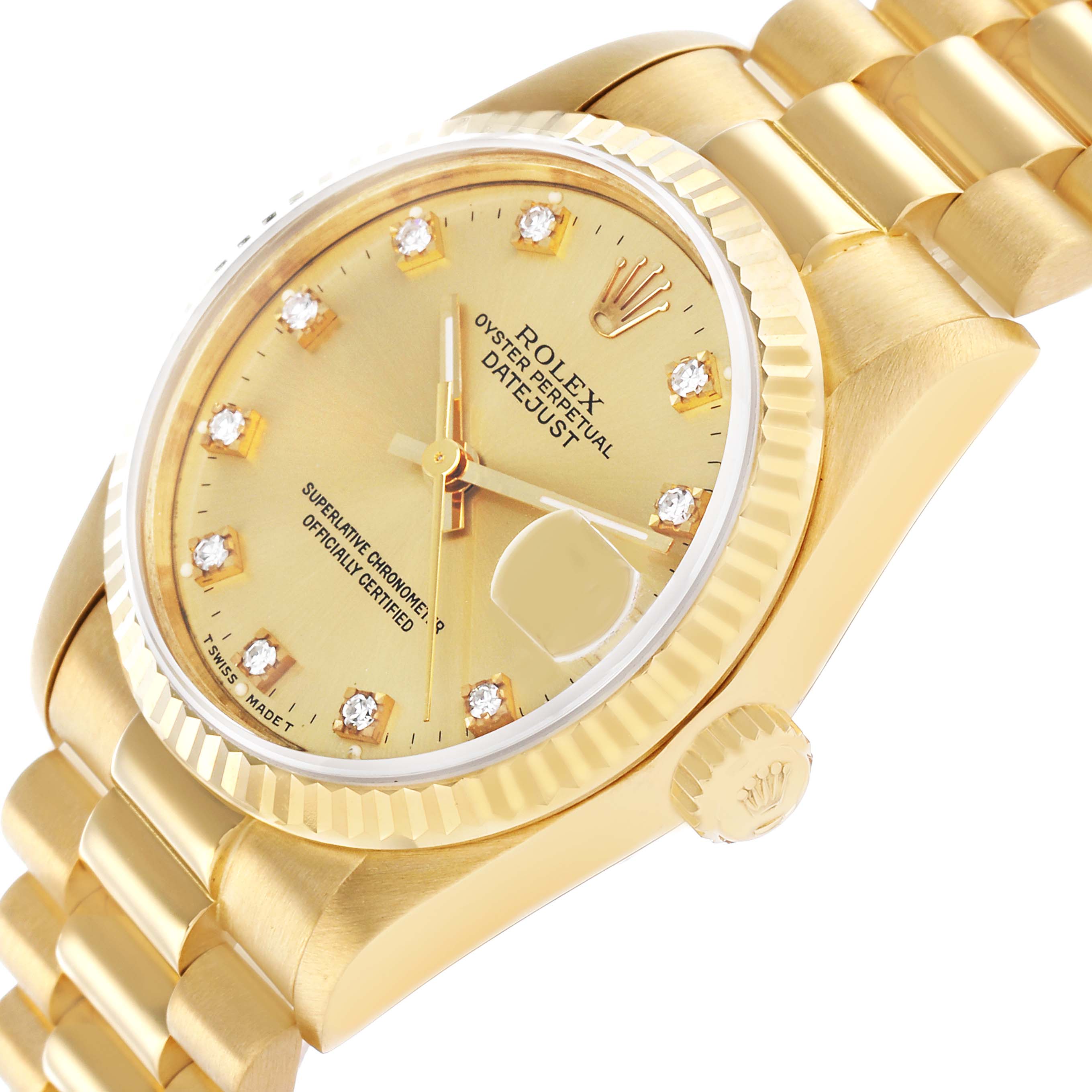 The Rolex President 68278 Women's Yellow Gold Champagne Dial model watch is shown at a slight angle, highlighting the gold dial, fluted bezel, and bracelet.