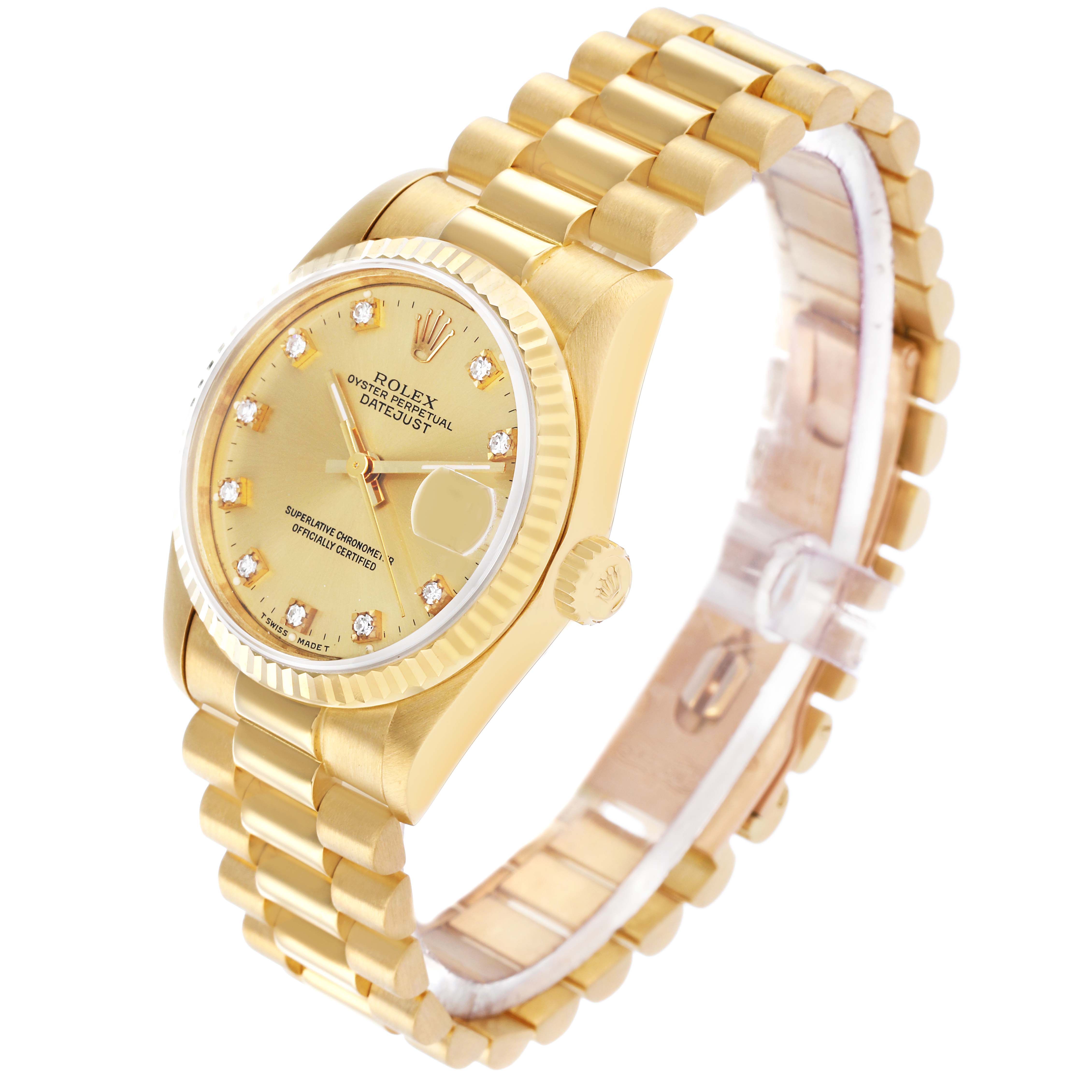 The Rolex President 68278 Women's Yellow Gold Champagne Dial model watch is shown at a three-quarter angle, highlighting the gold case, dial, bracelet, and crown.