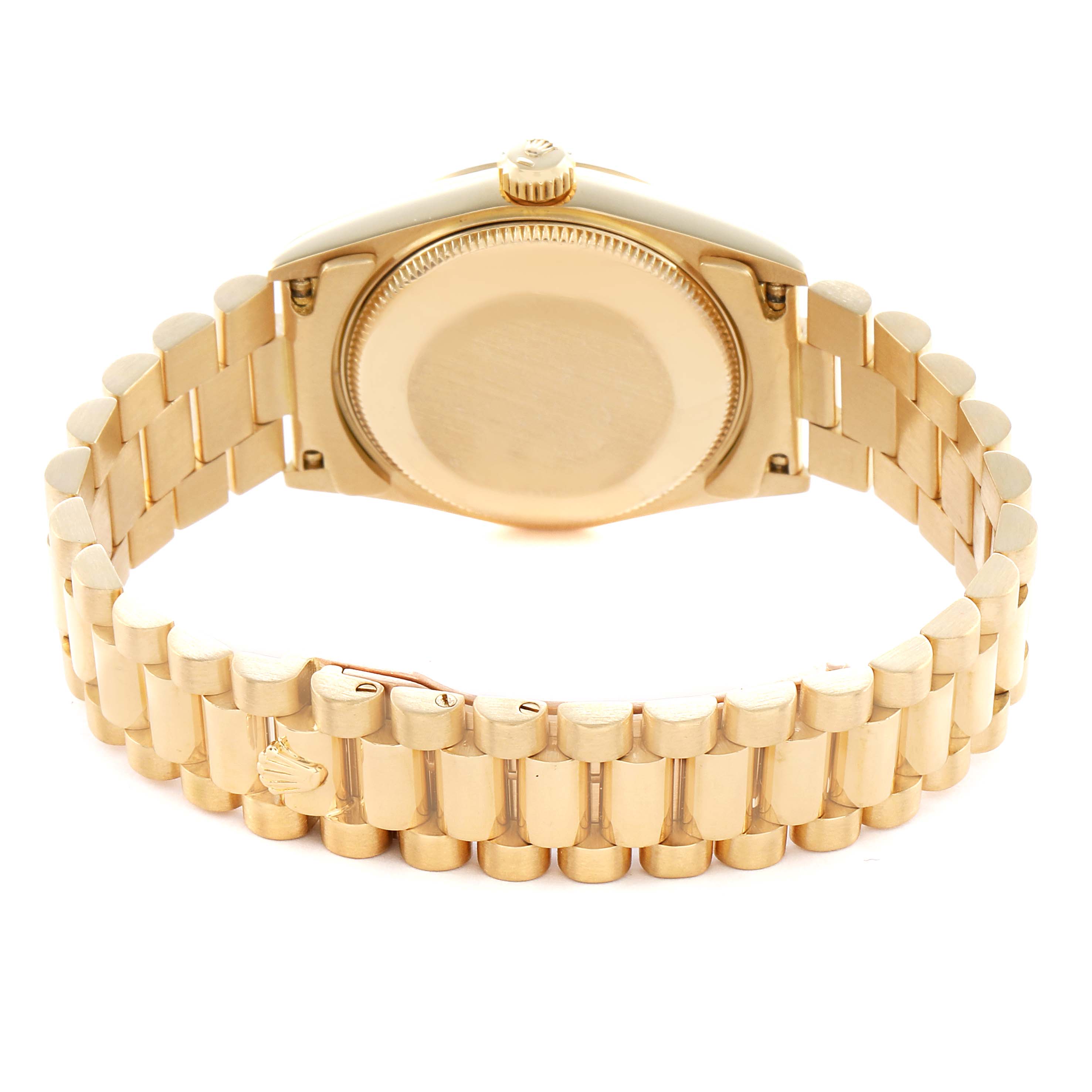 The Rolex President 68278 Women's Yellow Gold Champagne Dial model is shown from the back, highlighting the case back and bracelet clasp.