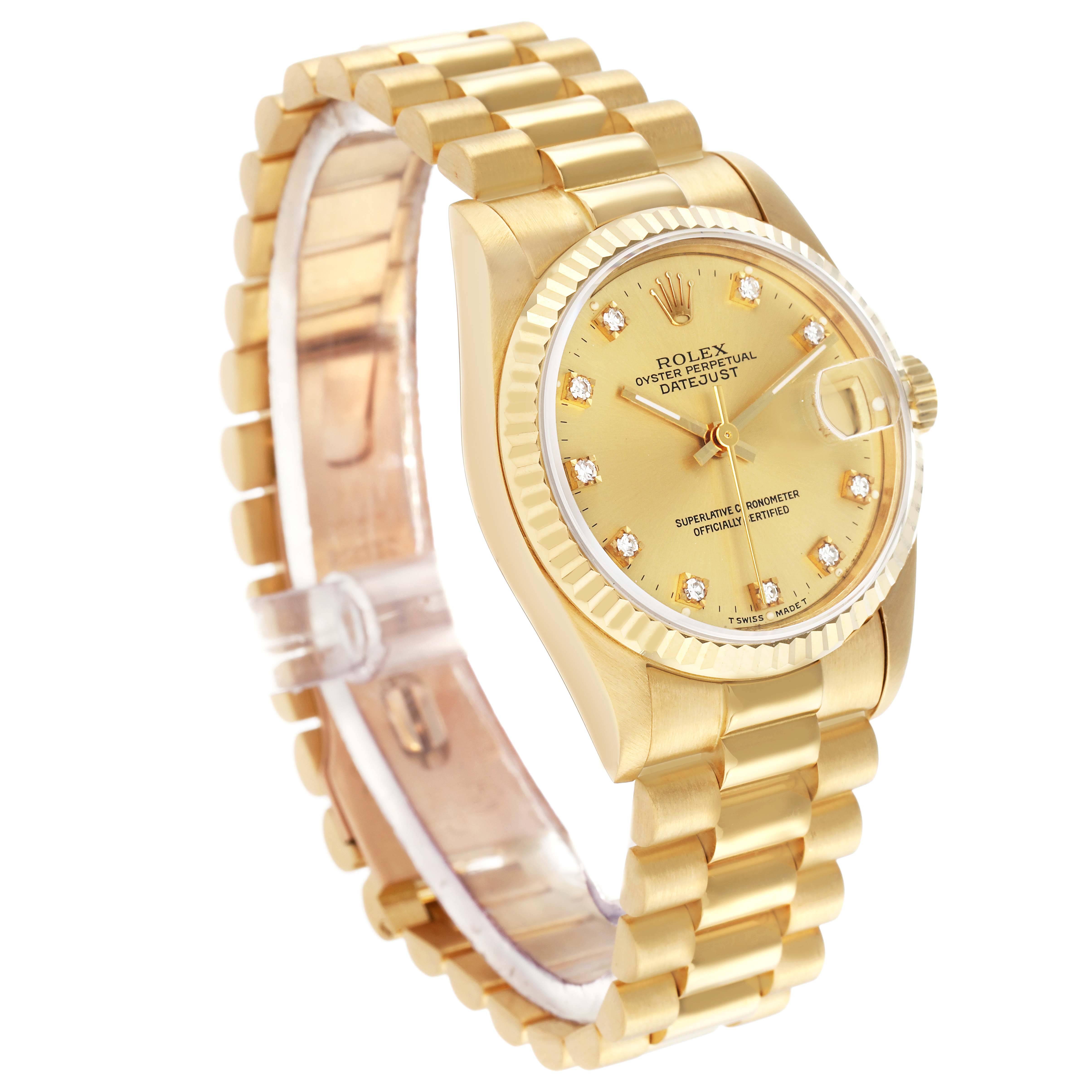 The Rolex President 68278 Women's Yellow Gold Champagne Dial model is shown in a three-quarter angle, highlighting the dial, bezel, and bracelet.