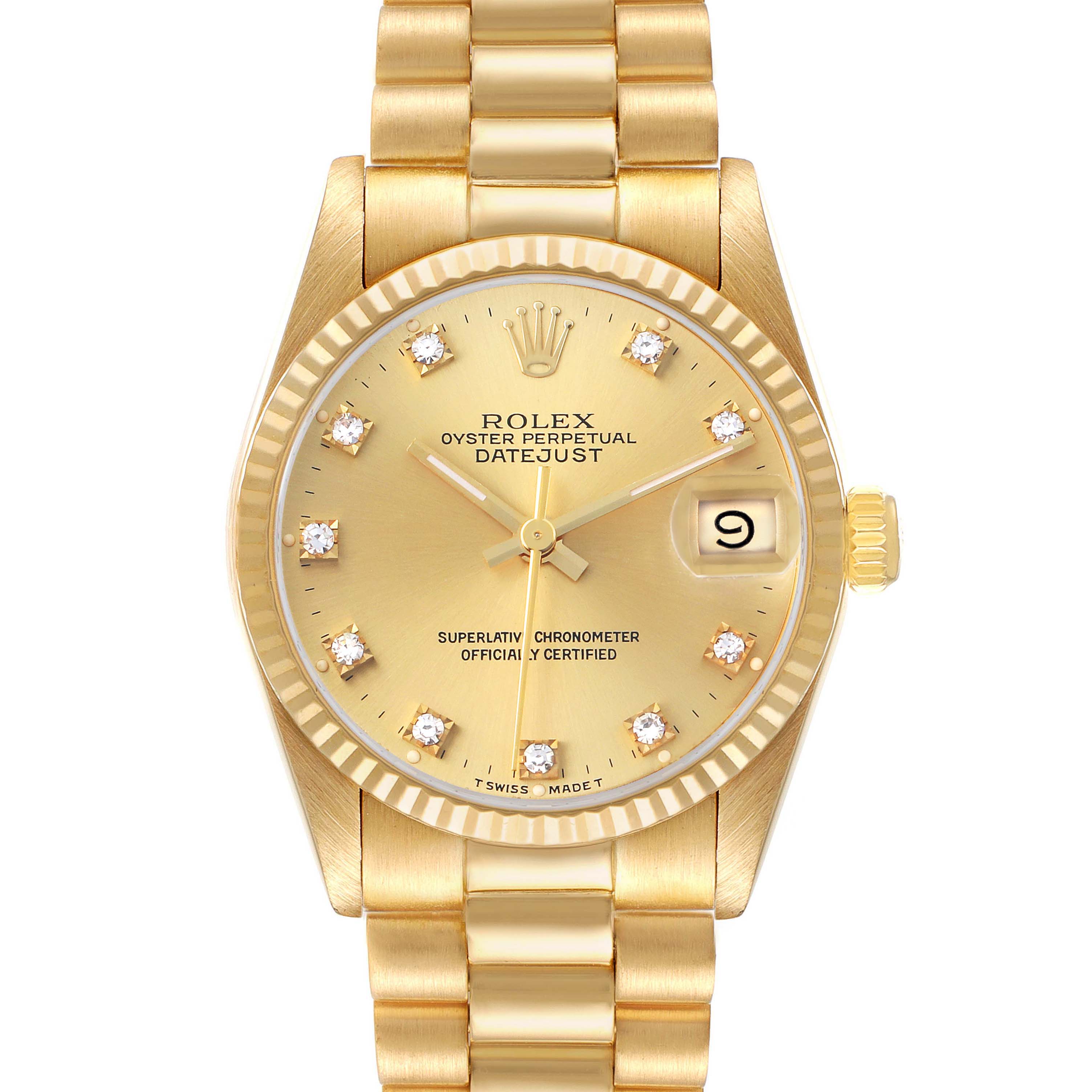 The Rolex President 68278 Women's Yellow Gold Champagne Dial model is shown from the front, highlighting its gold dial, date window, and bracelet.