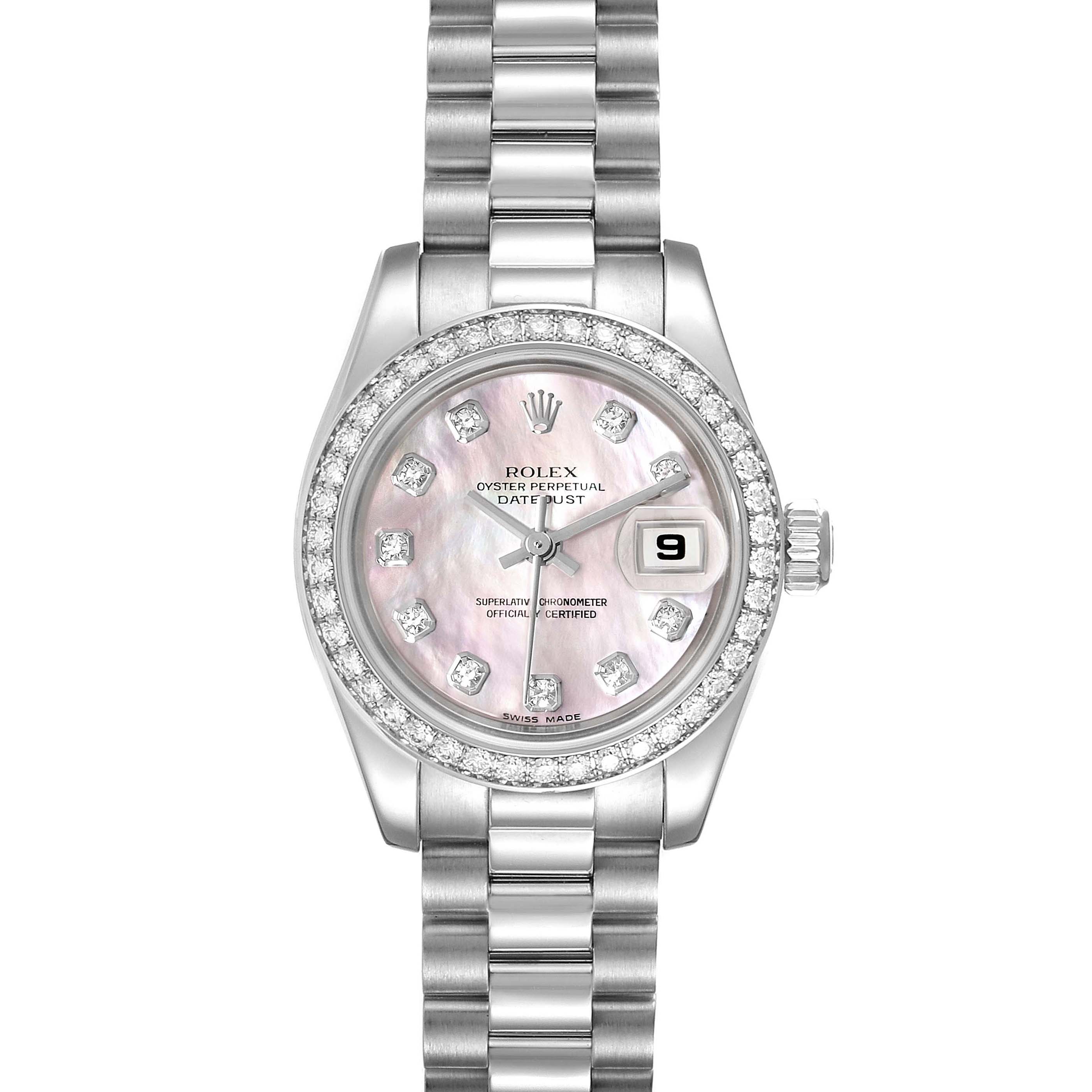 This is a front view of a Rolex President 179136 Women's Platinum Mother of Pearl Dial 179136 Women's Platinum Mother of Pearl Dial model watch, showing the face, bezel, bracelet, and crown.