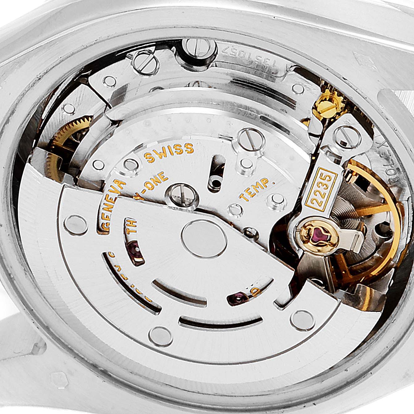 This image shows the internal movement mechanism of the Rolex President 179136 Women's Platinum Mother of Pearl Dial 179136 Women's Platinum Mother of Pearl Dial model watch, viewed from the back.