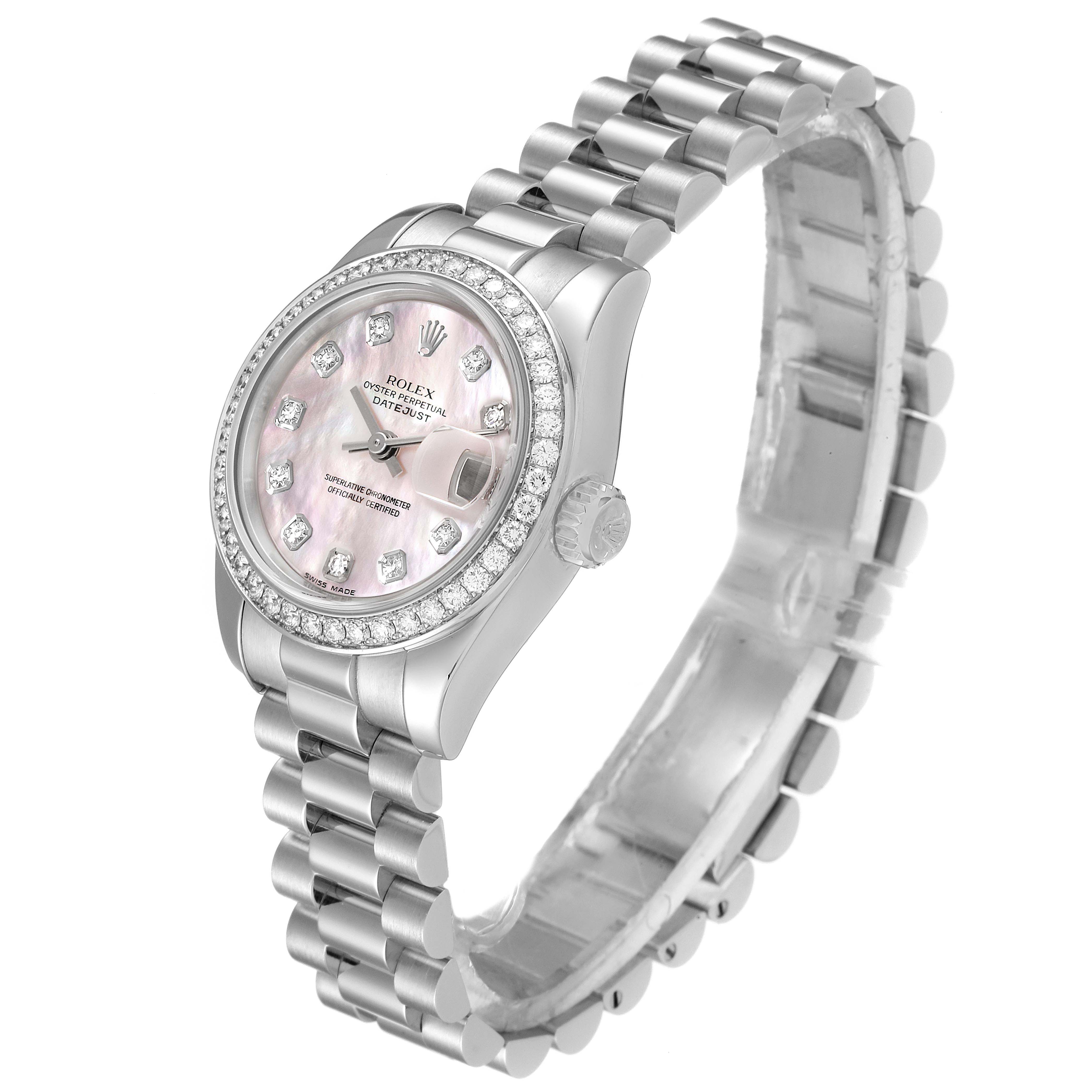 This image showcases the Rolex President 179136 Women's Platinum Mother of Pearl Dial 179136 Women's Platinum Mother of Pearl Dial model watch at a slight angle, highlighting the face, bezel, crown, and bracelet.