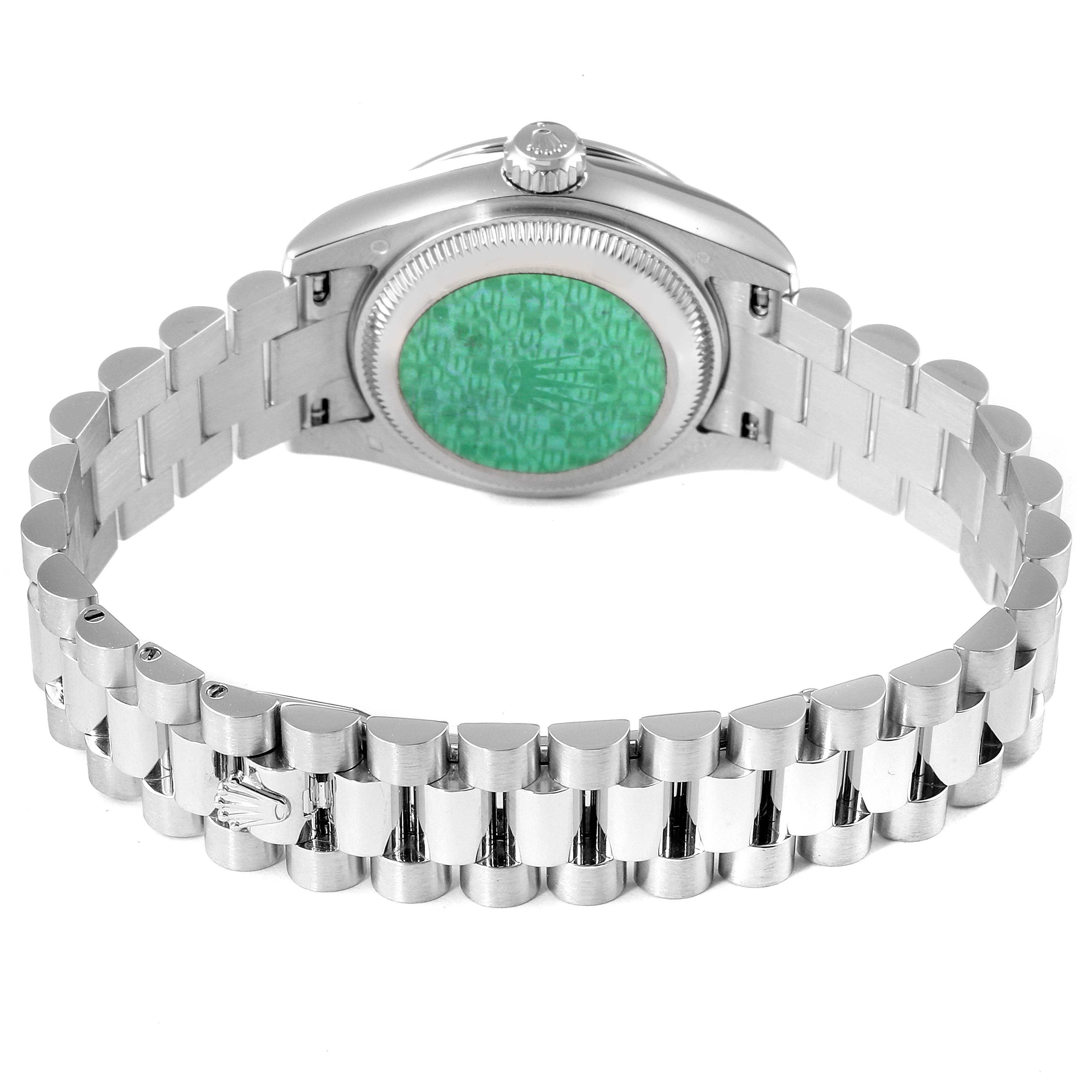 This image shows the back and bracelet of a Rolex President 179136 Women's Platinum Mother of Pearl Dial 179136 Women's Platinum Mother of Pearl Dial model watch.