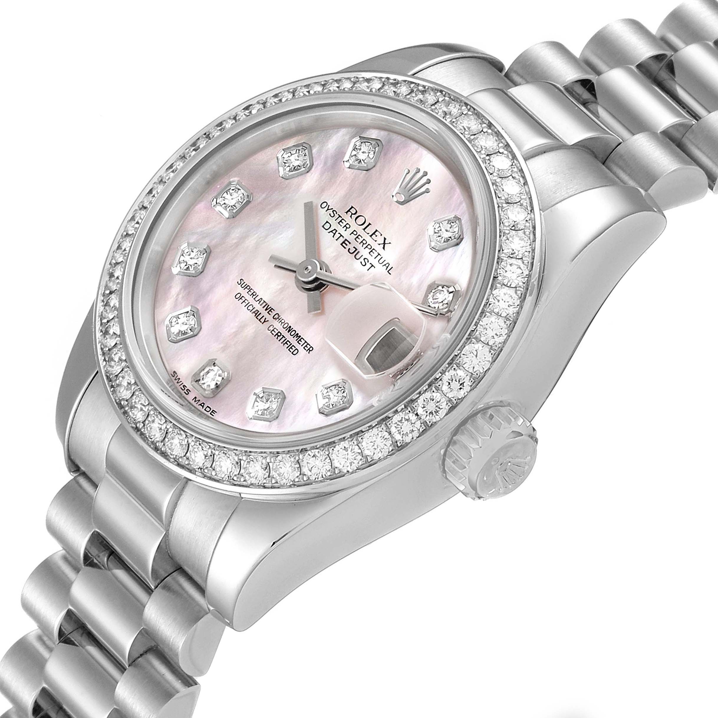 The image shows a Rolex President 179136 Women's Platinum Mother of Pearl Dial 179136 Women's Platinum Mother of Pearl Dial model from an angled side view, highlighting its face, bezel, crown, and part of the bracelet.