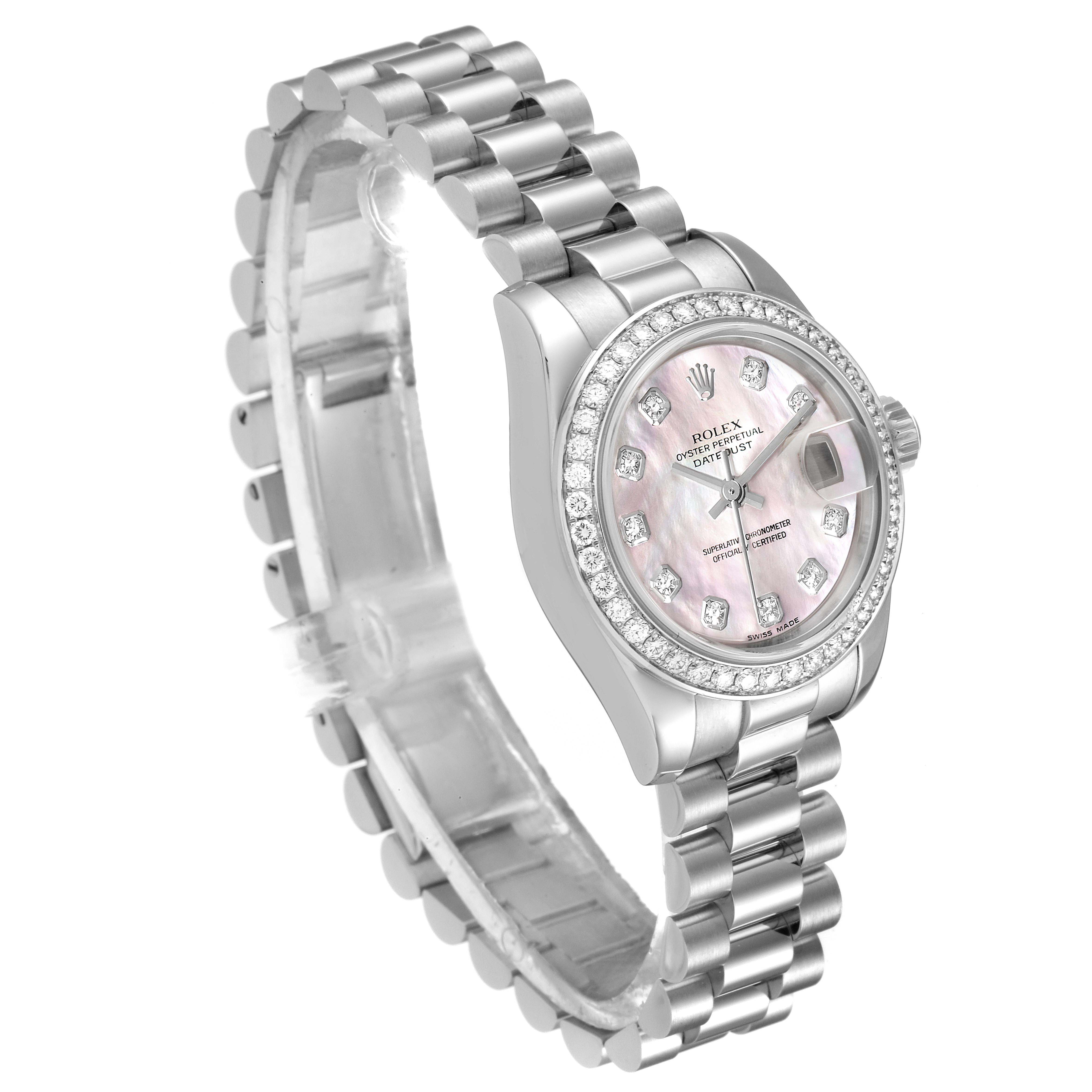 The Rolex President 179136 Women's Platinum Mother of Pearl Dial 179136 Women's Platinum Mother of Pearl Dial model watch is shown at a slight angle, displaying its face, bezel, and bracelet.