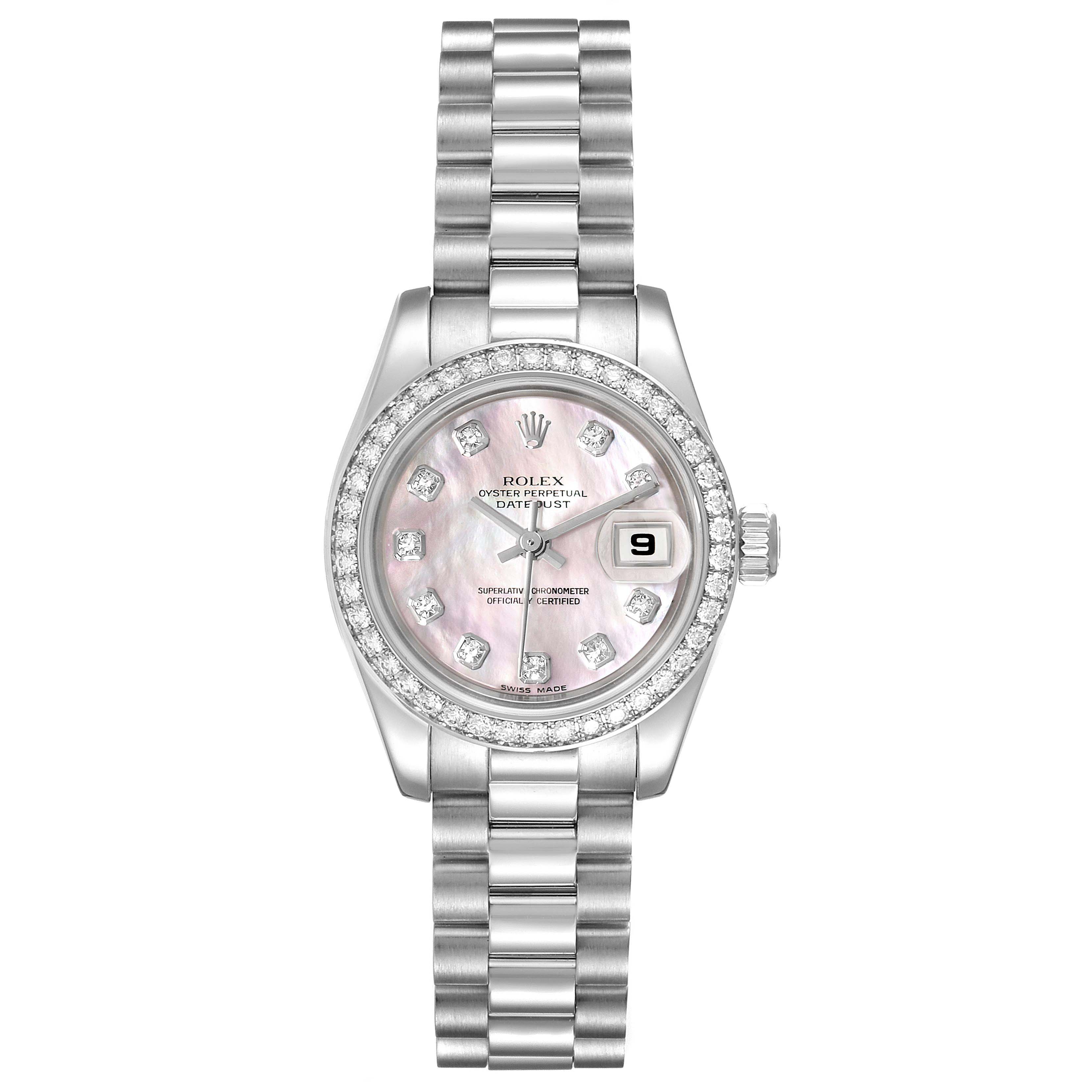 This image shows a front view of the Rolex President 179136 Women's Platinum Mother of Pearl Dial 179136 Women's Platinum Mother of Pearl Dial model watch, featuring its face, bracelet, and date window.