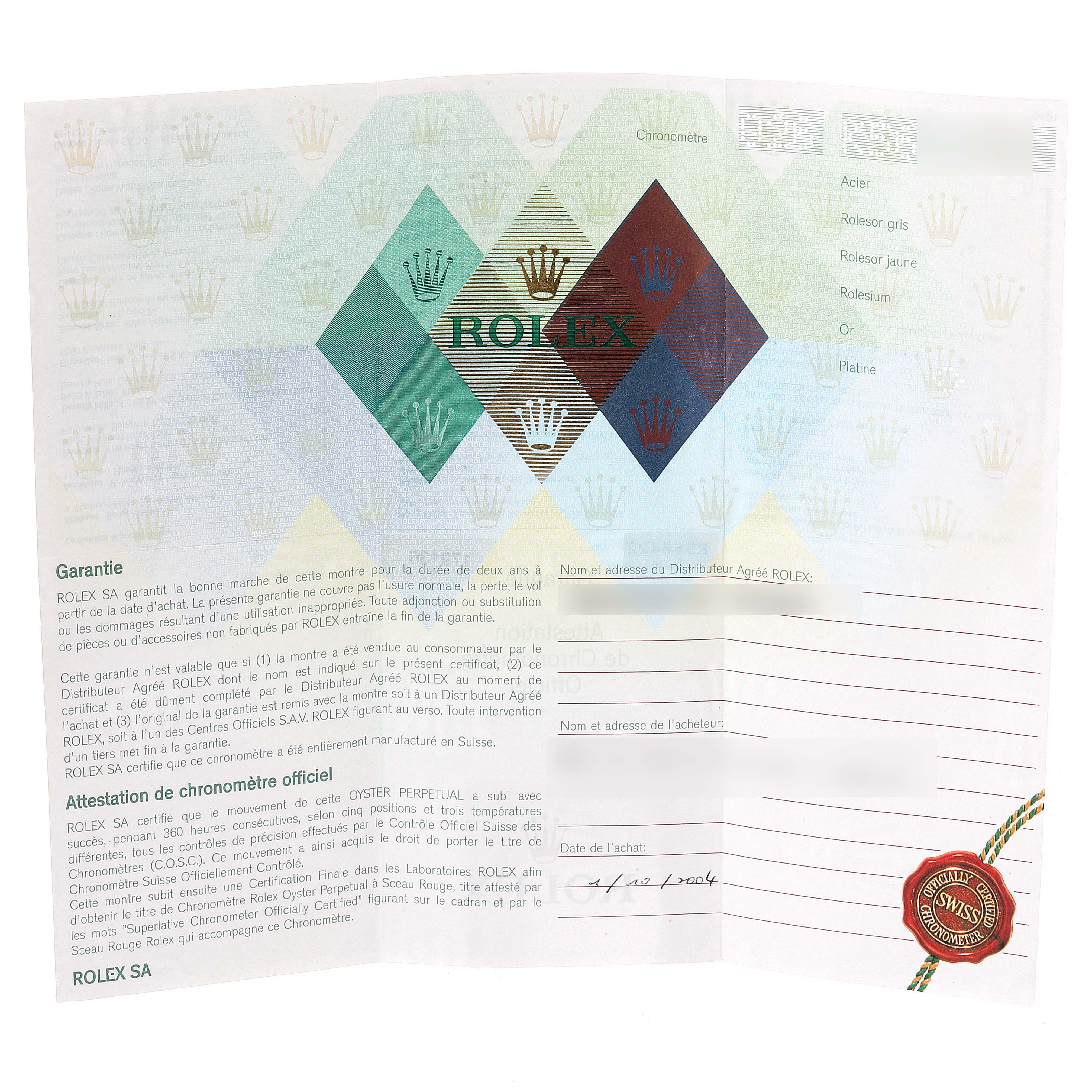 This image shows the warranty card for a Rolex President 179136 Women's Platinum Mother of Pearl Dial 179136 Women's Platinum Mother of Pearl Dial model watch.