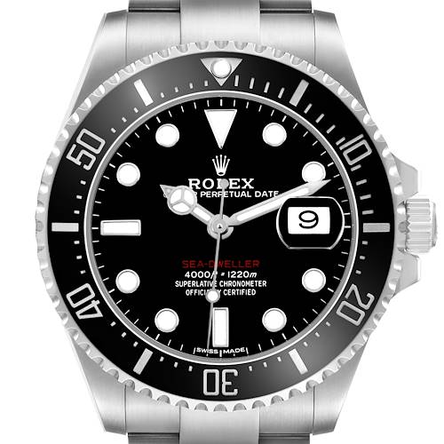 The Rolex Sea-Dweller 126600 Men's Stainless Steel Black Dial watch is shown from a front angle, displaying the dial, bezel, crown, and part of the bracelet.
