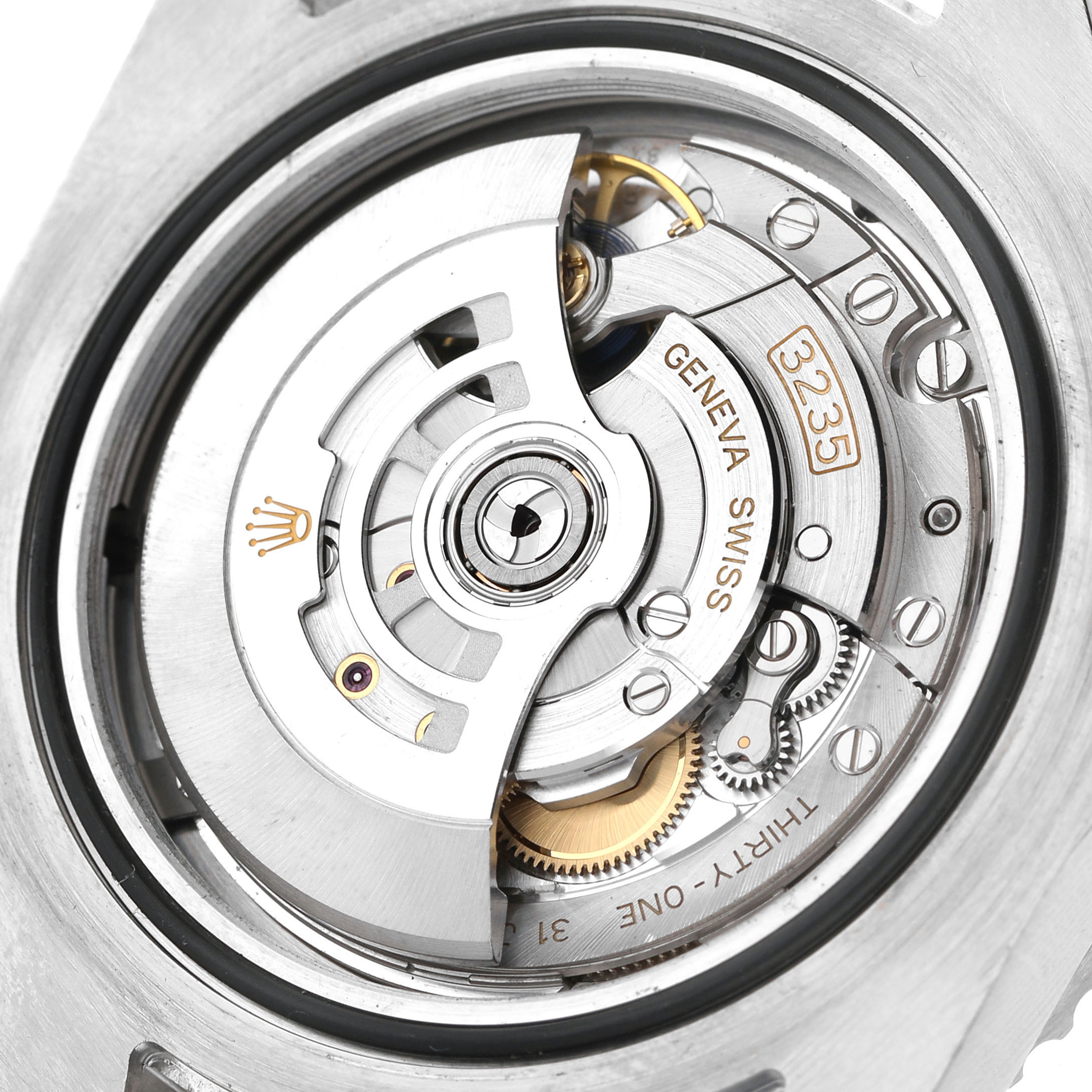 The image shows a close-up of the movement and rotor of a Rolex Sea-Dweller 126600 Men's Stainless Steel Black Dial watch, highlighting its intricate mechanics.