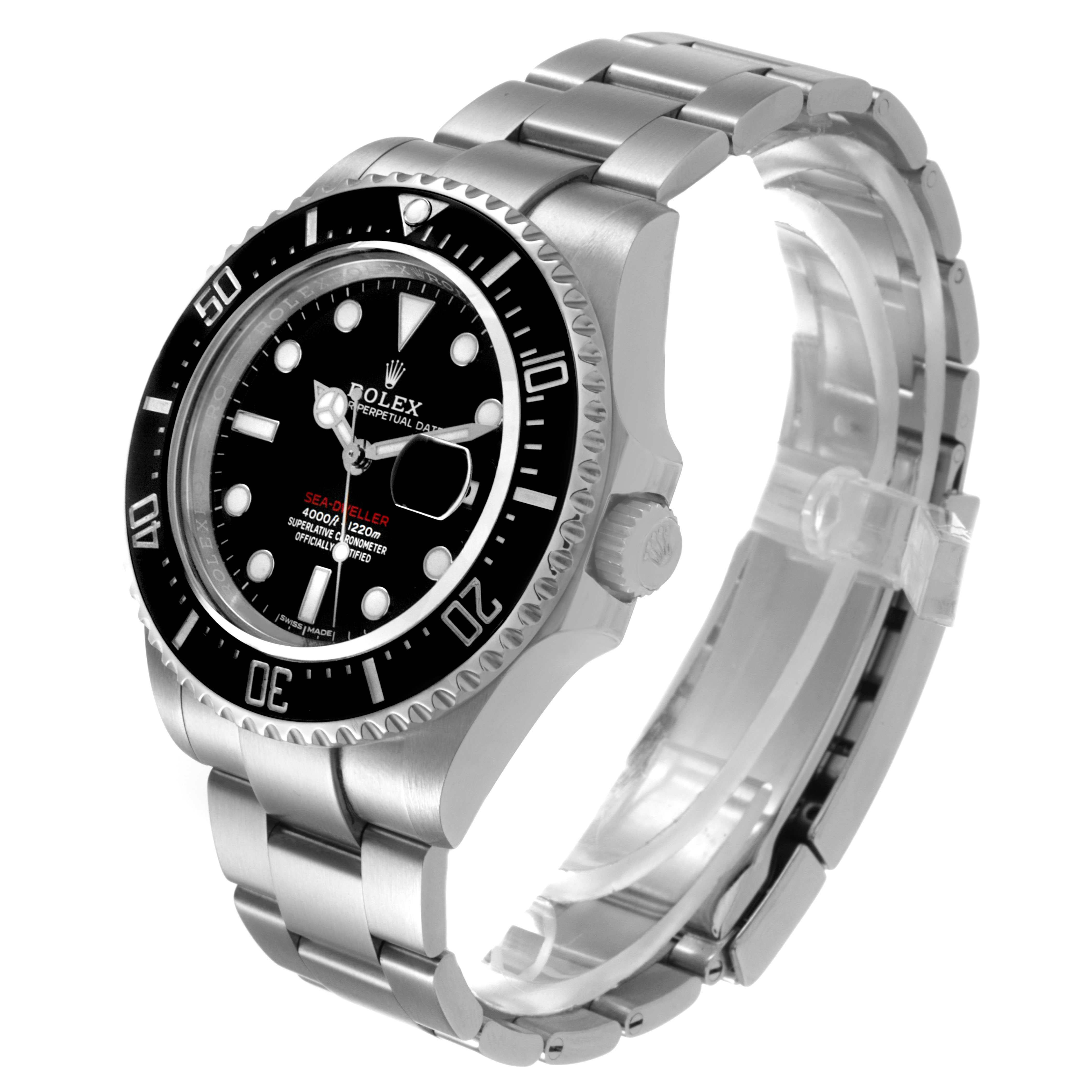 The Rolex Sea-Dweller 126600 Men's Stainless Steel Black Dial is shown at a three-quarter angle, displaying the face, bezel, bracelet, and crown.