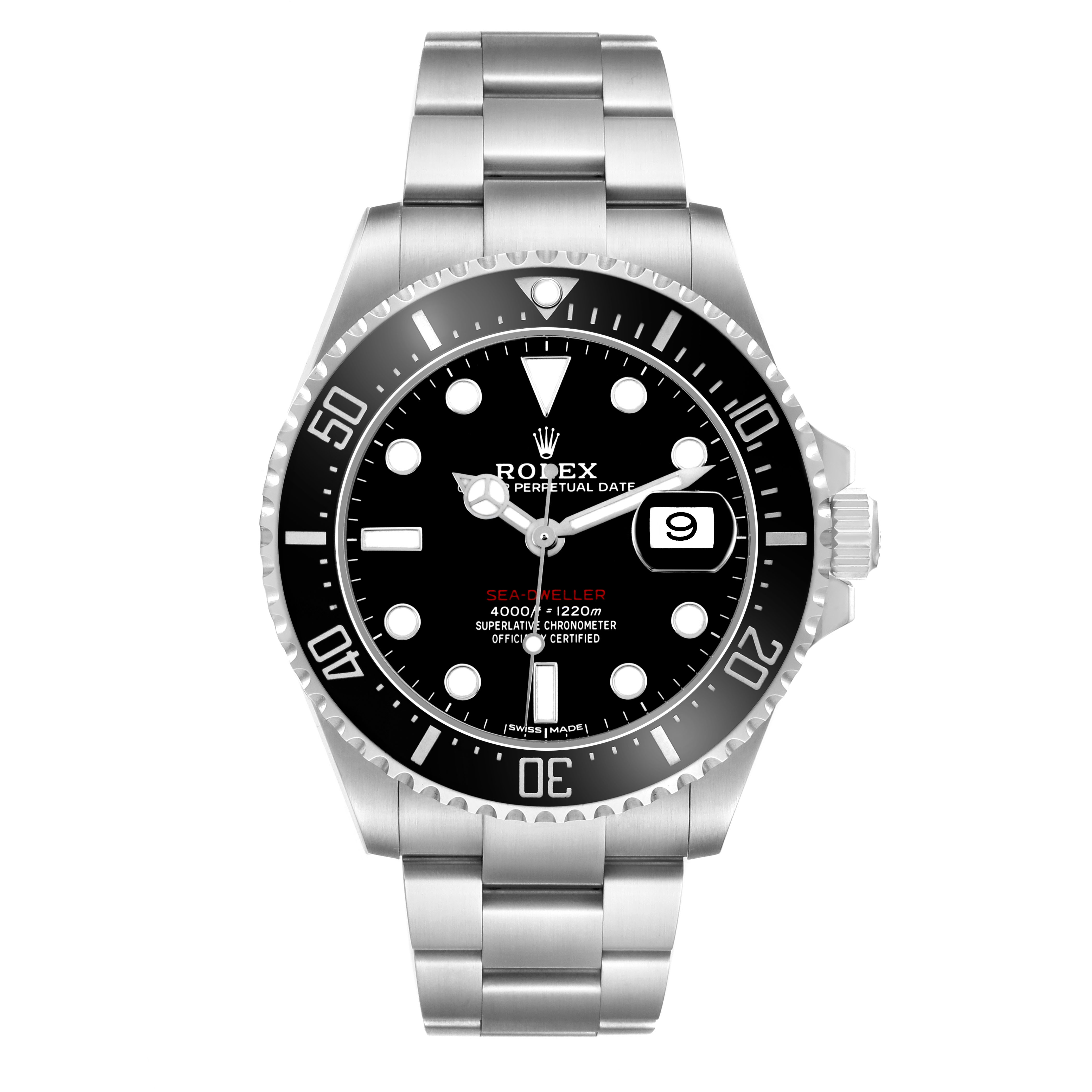 The Rolex Sea-Dweller 126600 Men's Stainless Steel Black Dial watch is shown from the front, displaying its dial, bezel, and bracelet.