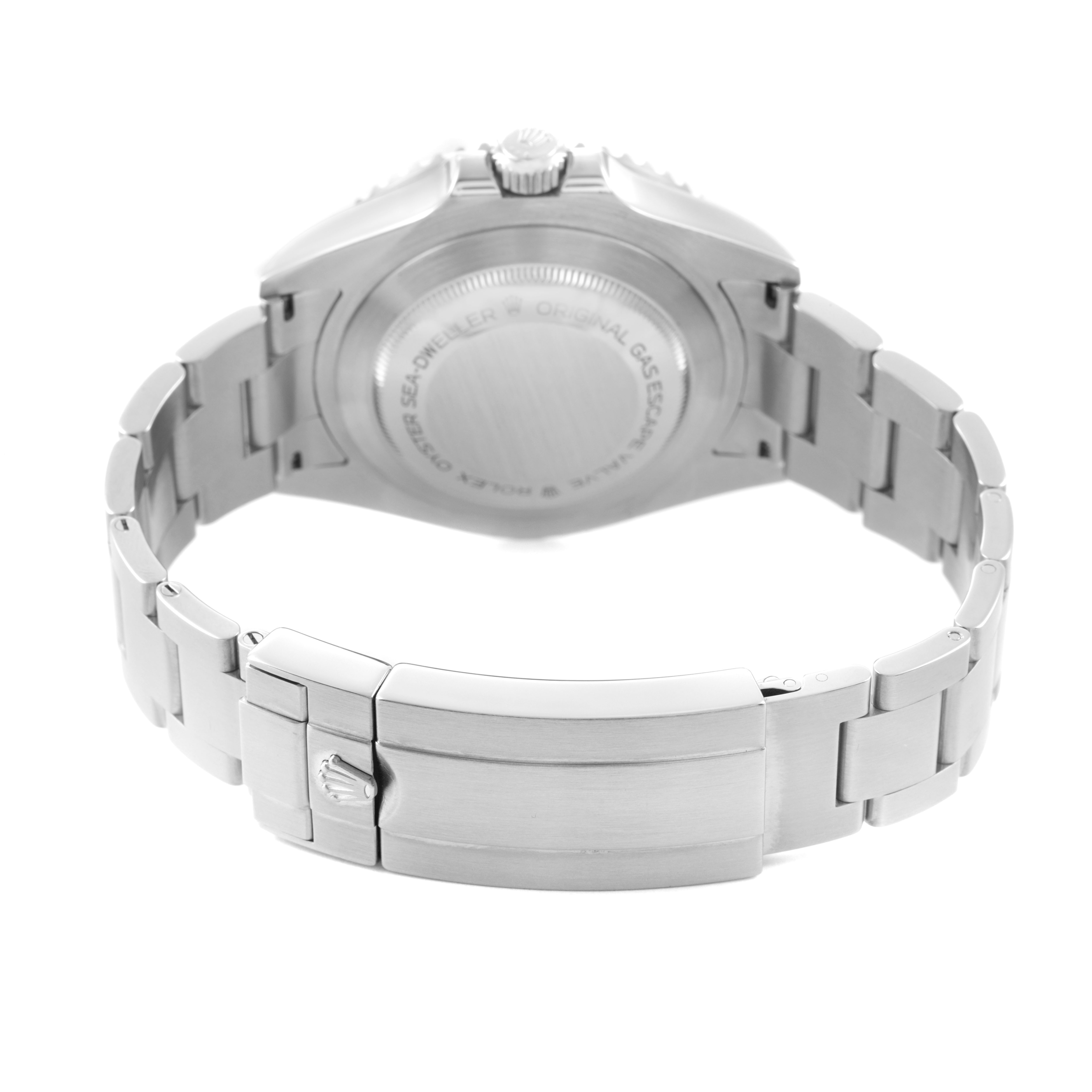 The image shows the back view of a Rolex Sea-Dweller 126600 Men's Stainless Steel Black Dial, highlighting the case back and the bracelet with its clasp.