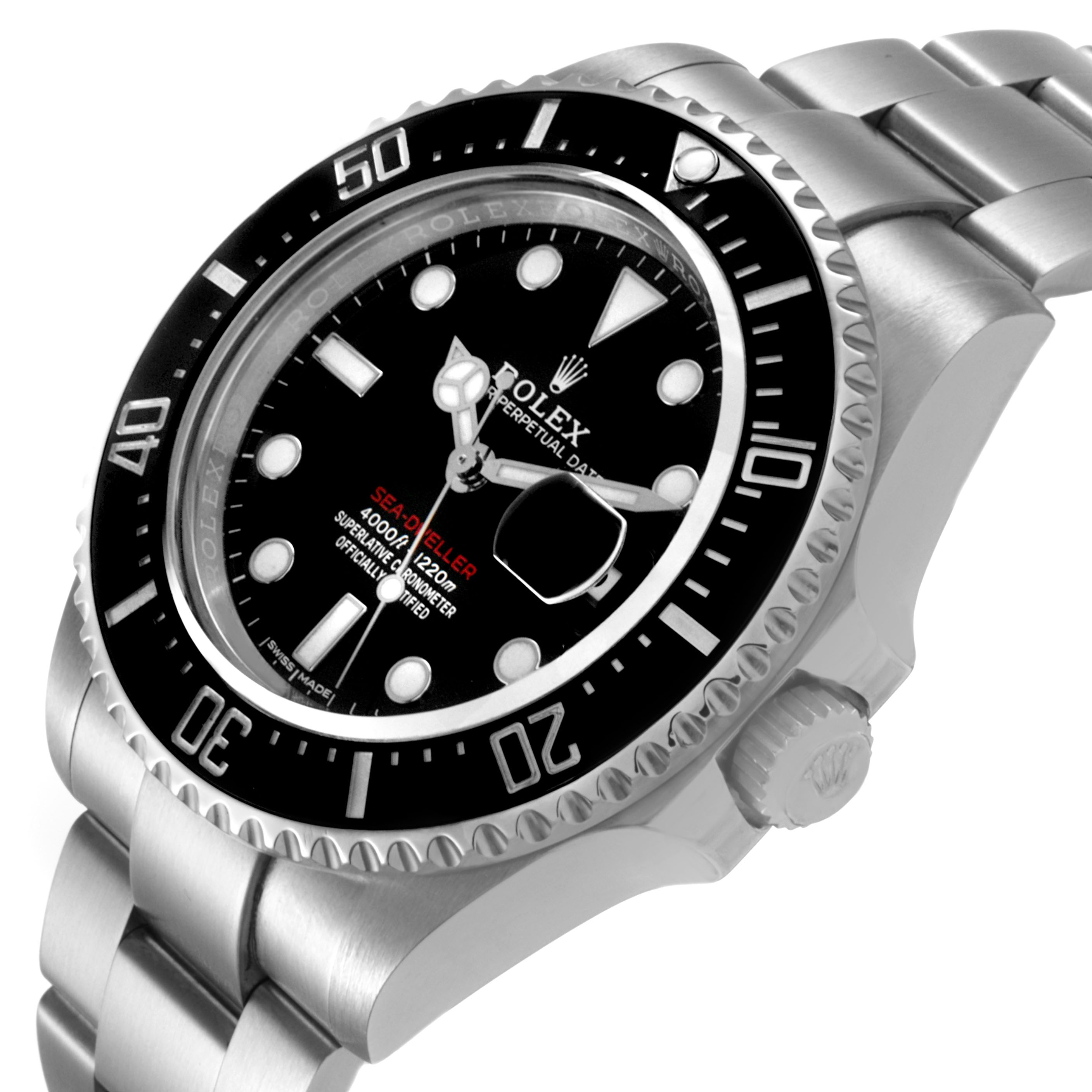 The Rolex Sea-Dweller 126600 Men's Stainless Steel Black Dial watch is shown at an angled view, highlighting the bezel, dial, and bracelet.