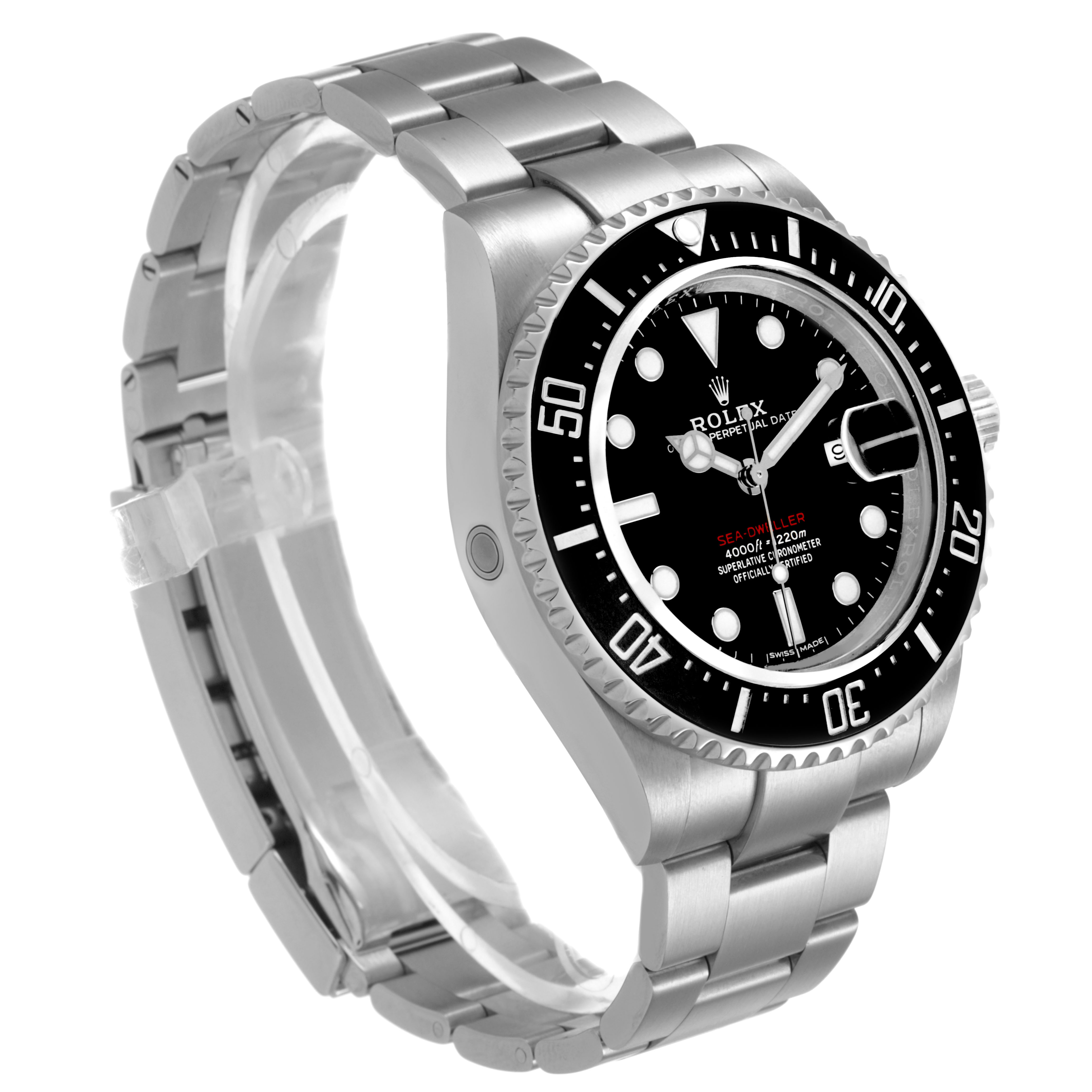 The Rolex Sea-Dweller 126600 Men's Stainless Steel Black Dial watch is shown from a three-quarter angle, highlighting the face, bezel, and bracelet.