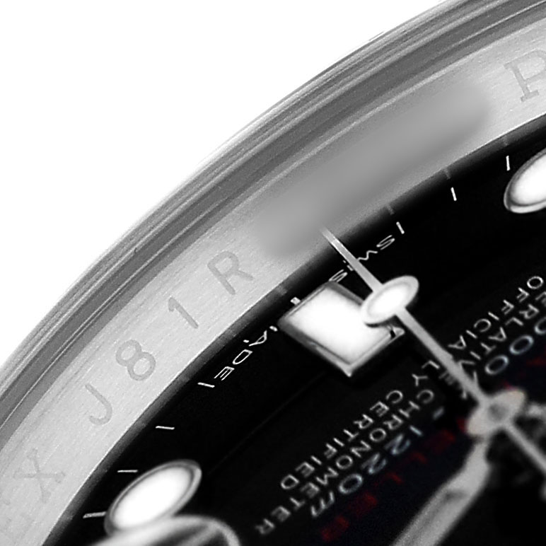 The image shows a close-up of the Rolex Sea-Dweller 126600 Men's Stainless Steel Black Dial's edge, focusing on the dial and rehaut with partial text visible.