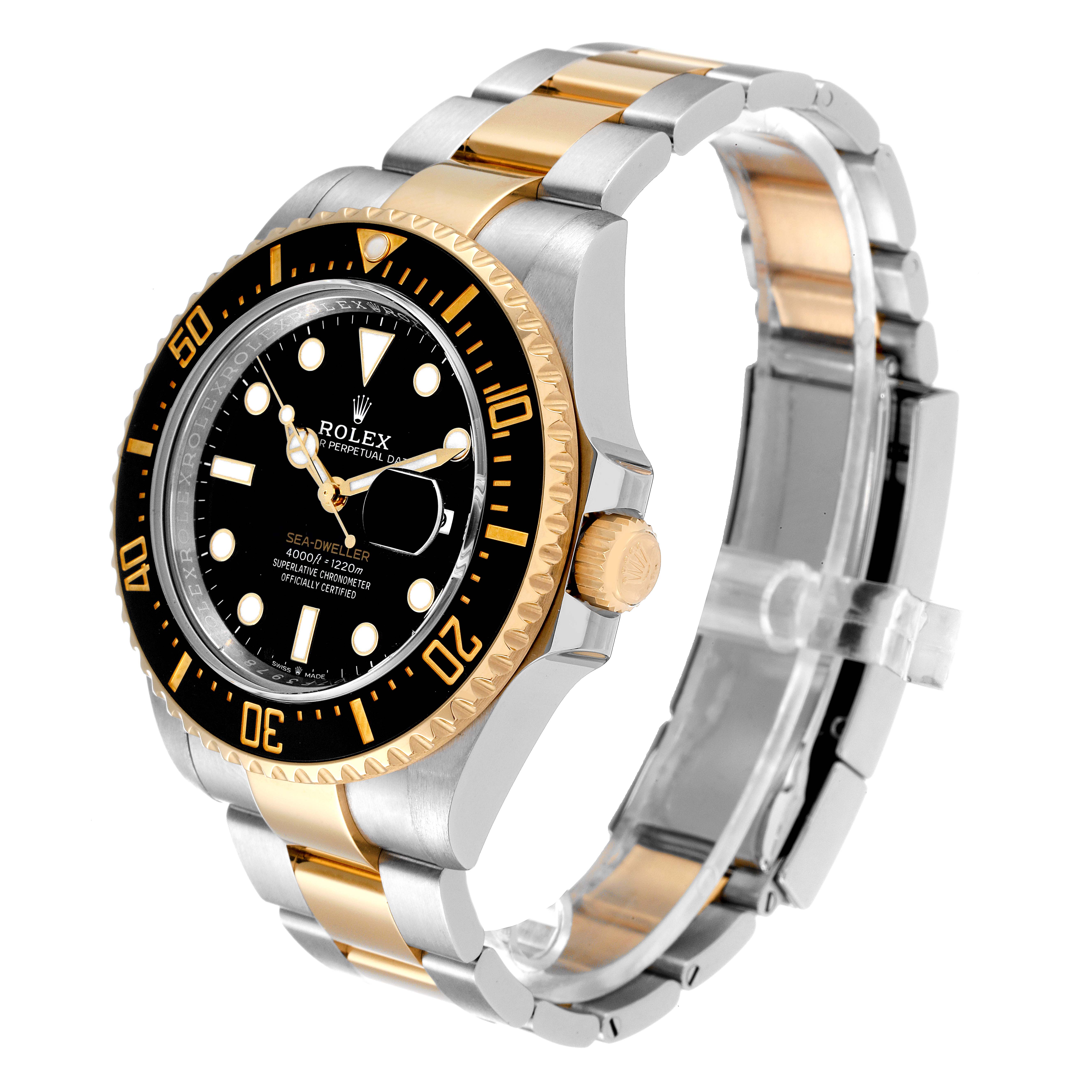 The Rolex Sea-Dweller 126603 Men
s Steel and Gold (two tone) Black Dial 126603 Men
s Steel and Gold (two tone) Black Dial watch is shown at a three-quarter angle, highlighting its black and gold bezel, dial, and bracelet details.