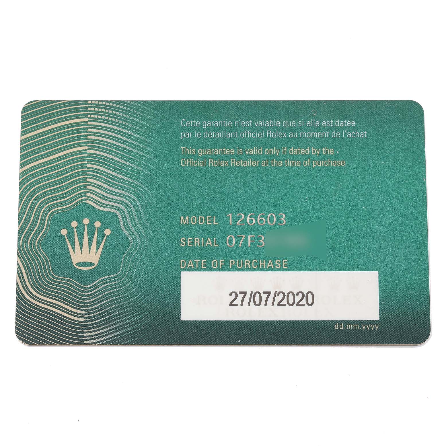 This image shows a warranty card for a Rolex Sea-Dweller 126603 Men
s Steel and Gold (two tone) Black Dial 126603 Men
s Steel and Gold (two tone) Black Dial model 126603, capturing the model, serial number, and purchase date.