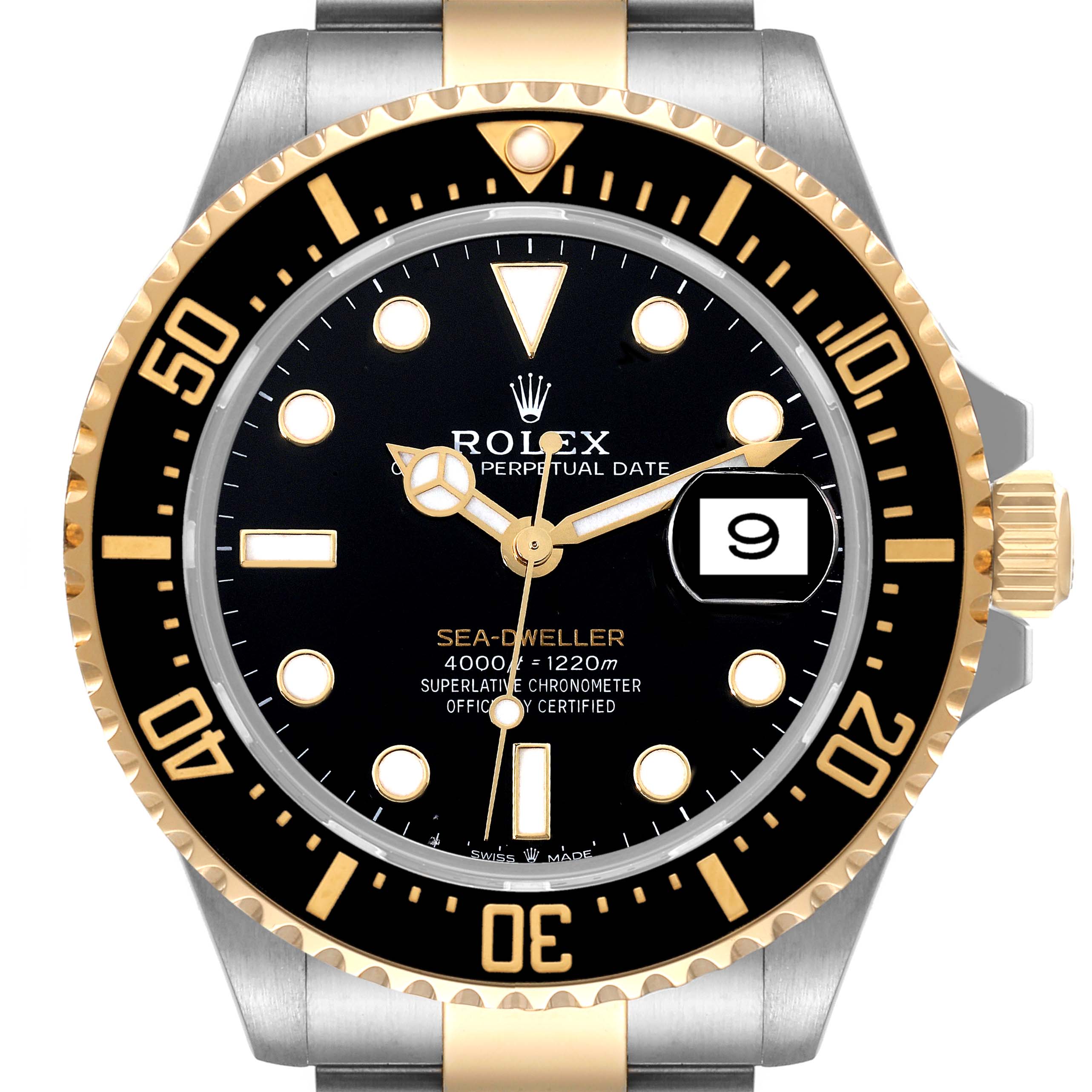 This image shows a front view of the Rolex Sea-Dweller 126603 Men
s Steel and Gold (two tone) Black Dial 126603 Men
s Steel and Gold (two tone) Black Dial watch, highlighting the dial, bezel, crown, and part of the bracelet.