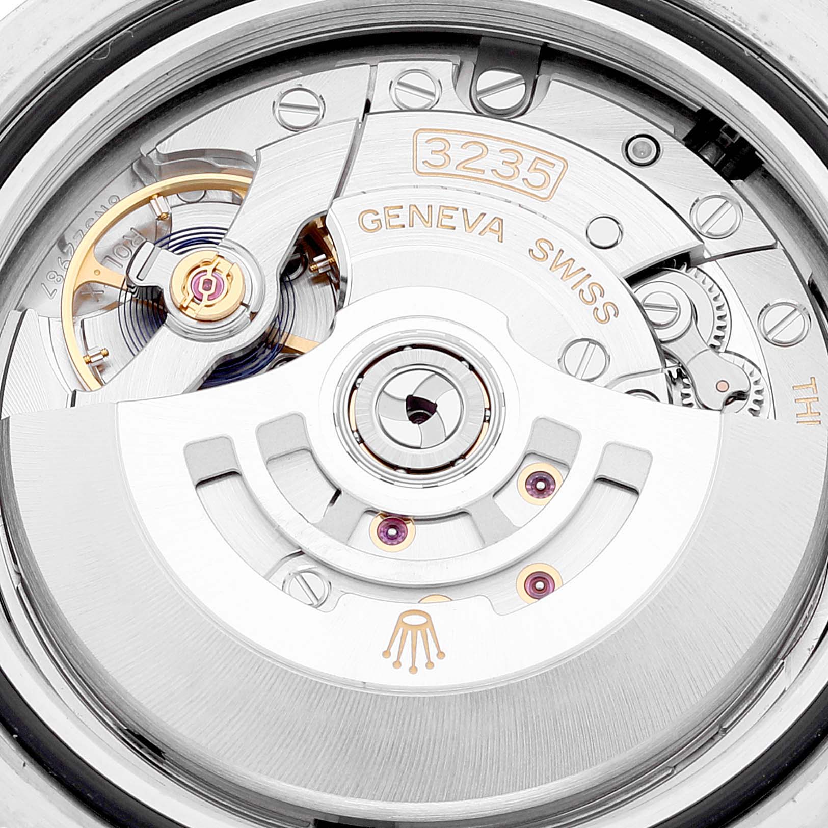 This image shows a close-up of the inner mechanical movement of the Rolex Sea-Dweller 126603 Men
s Steel and Gold (two tone) Black Dial 126603 Men
s Steel and Gold (two tone) Black Dial watch, specifically the caliber 3235.