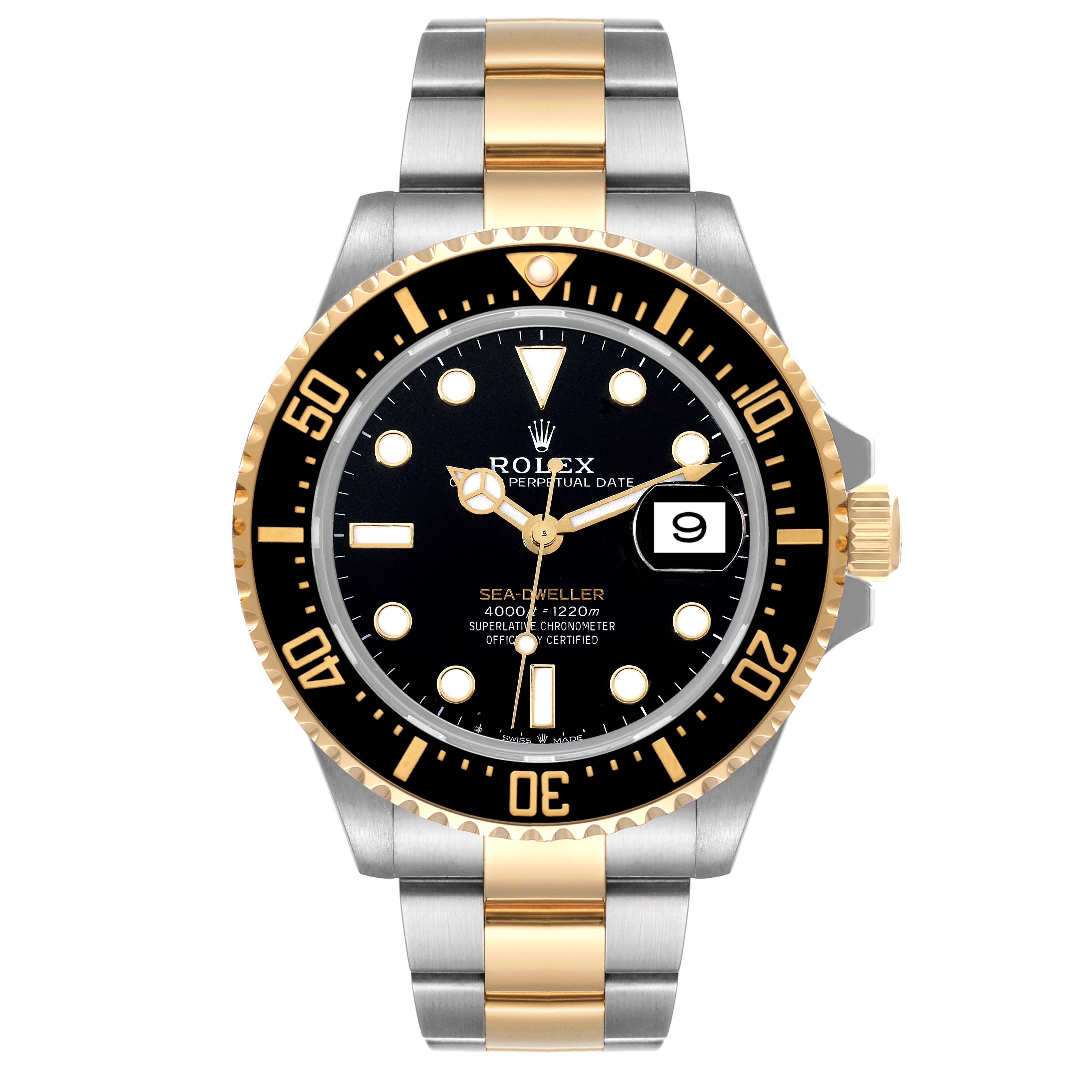 The Rolex Sea-Dweller 126603 Men
s Steel and Gold (two tone) Black Dial 126603 Men
s Steel and Gold (two tone) Black Dial watch is shown from the front, displaying its face, bezel, and two-tone bracelet.