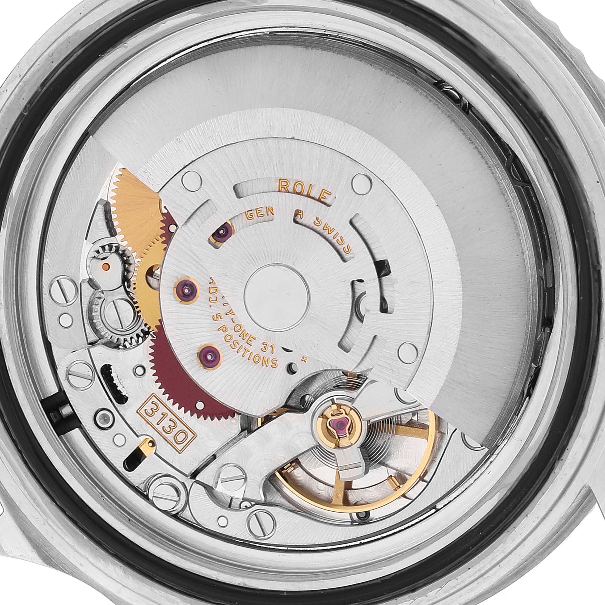 This close-up image shows the watch movement mechanism of a Rolex Submariner 14060 Men
s Stainless Steel Black Dial 14060 Men
s Stainless Steel Black Dial model.