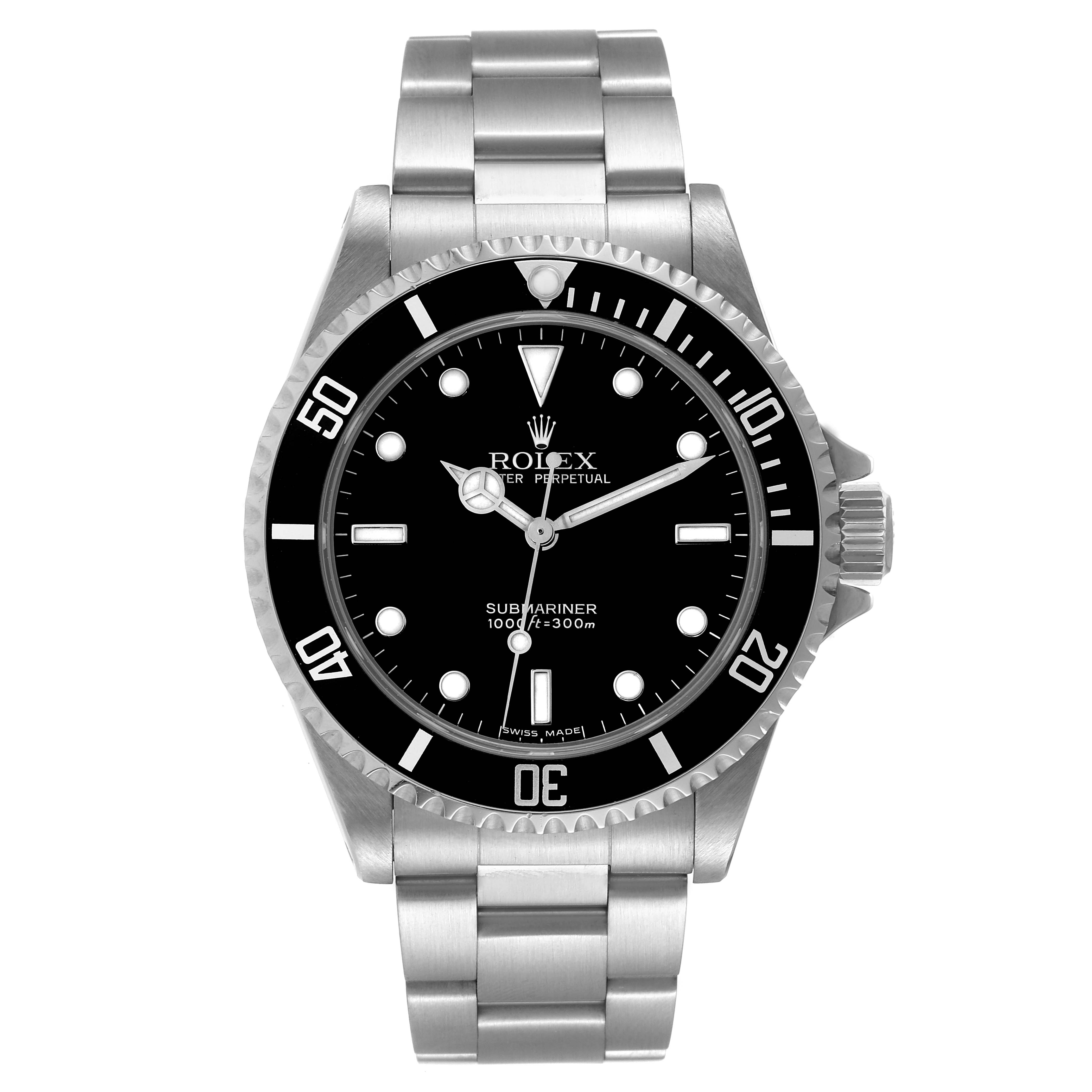 The image shows a front view of a Rolex Submariner 14060 Men
s Stainless Steel Black Dial 14060 Men
s Stainless Steel Black Dial watch, displaying the face, bezel, and stainless steel bracelet.