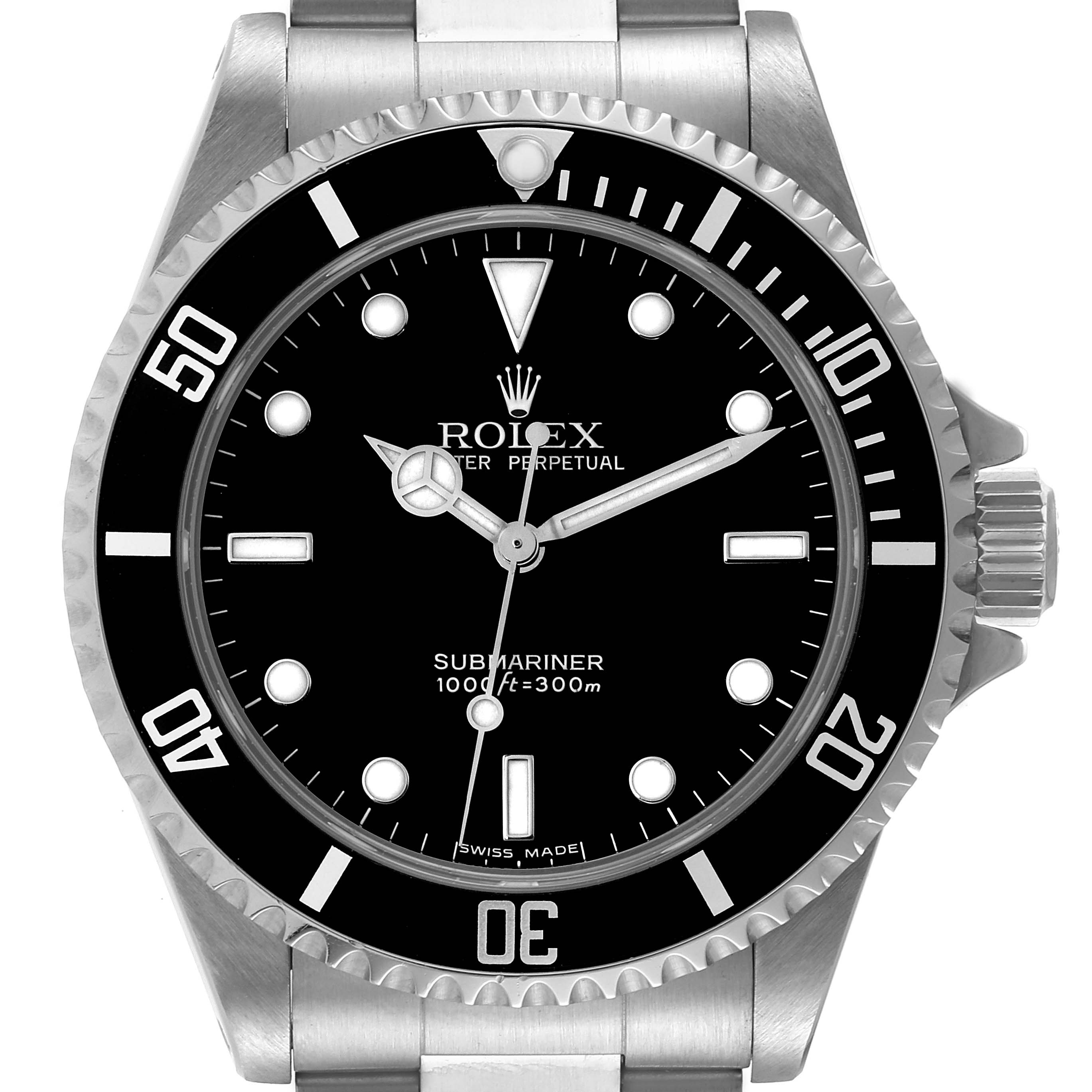 This image shows a front view of the Rolex Submariner 14060 Men
s Stainless Steel Black Dial 14060 Men
s Stainless Steel Black Dial watch, highlighting its dial, bezel, and part of the bracelet.