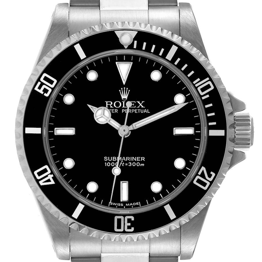 This image shows a front view of the Rolex Submariner watch, highlighting its dial, bezel, and part of the bracelet.