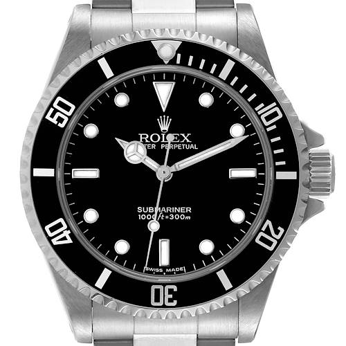 This image shows the front view of the Rolex Submariner watch, including its bezel, dial, and part of the bracelet.