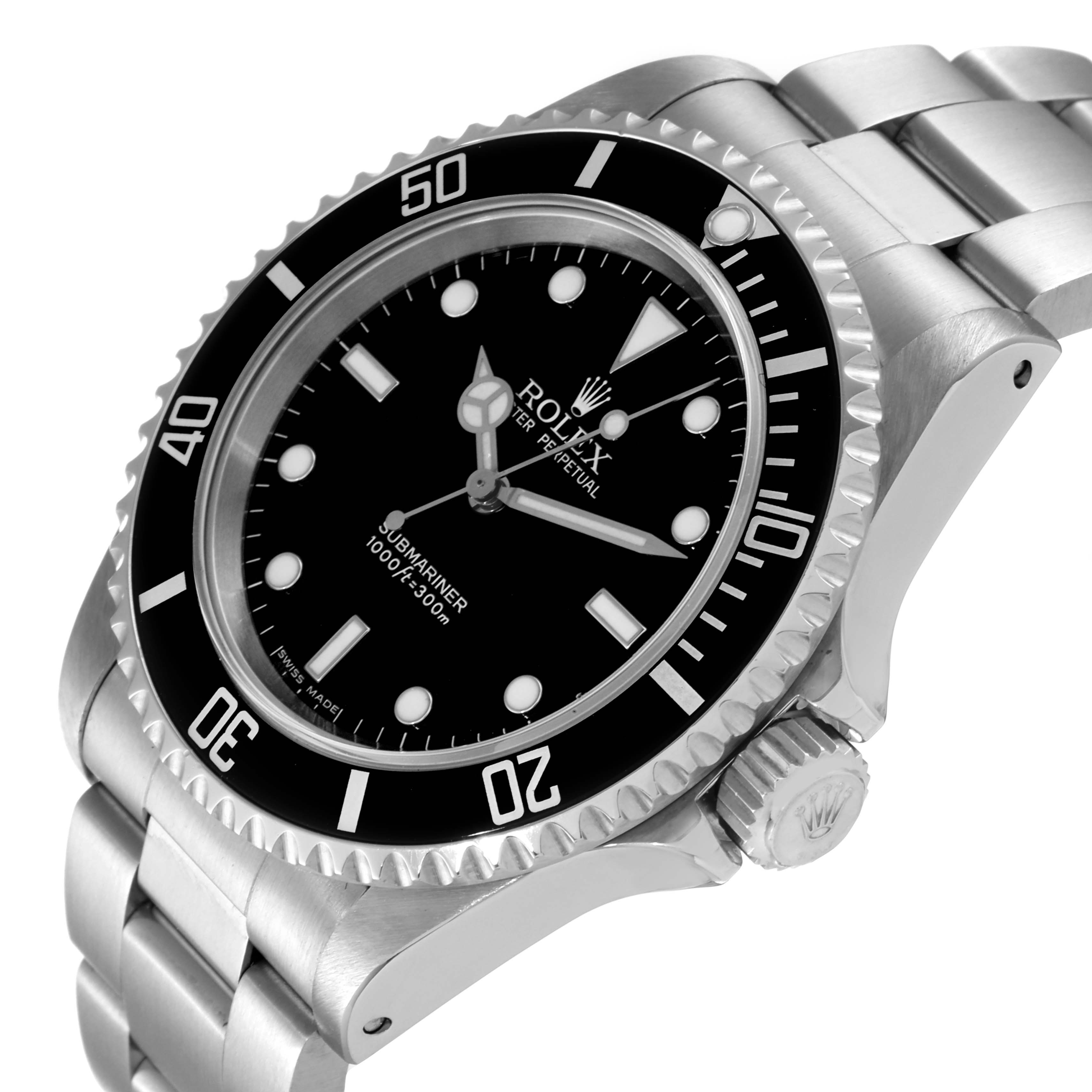 The image shows a Rolex Submariner 14060 Men
s Stainless Steel Black Dial 14060 Men
s Stainless Steel Black Dial watch from an oblique top angle, displaying the dial, bezel, crown, and part of the bracelet.
