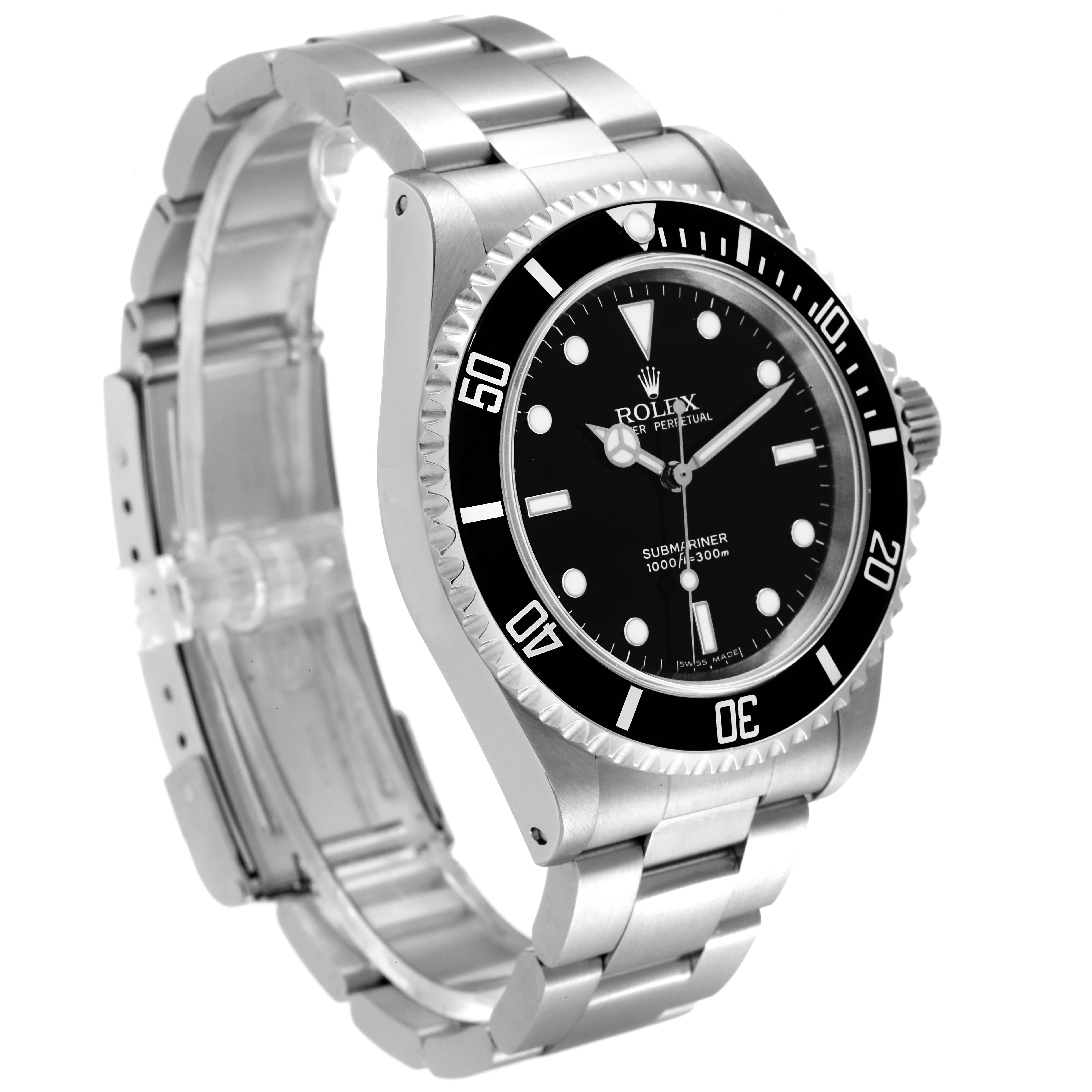 This image shows a side angle of a Rolex Submariner 14060 Men
s Stainless Steel Black Dial 14060 Men
s Stainless Steel Black Dial watch, highlighting the dial, bezel, and bracelet.