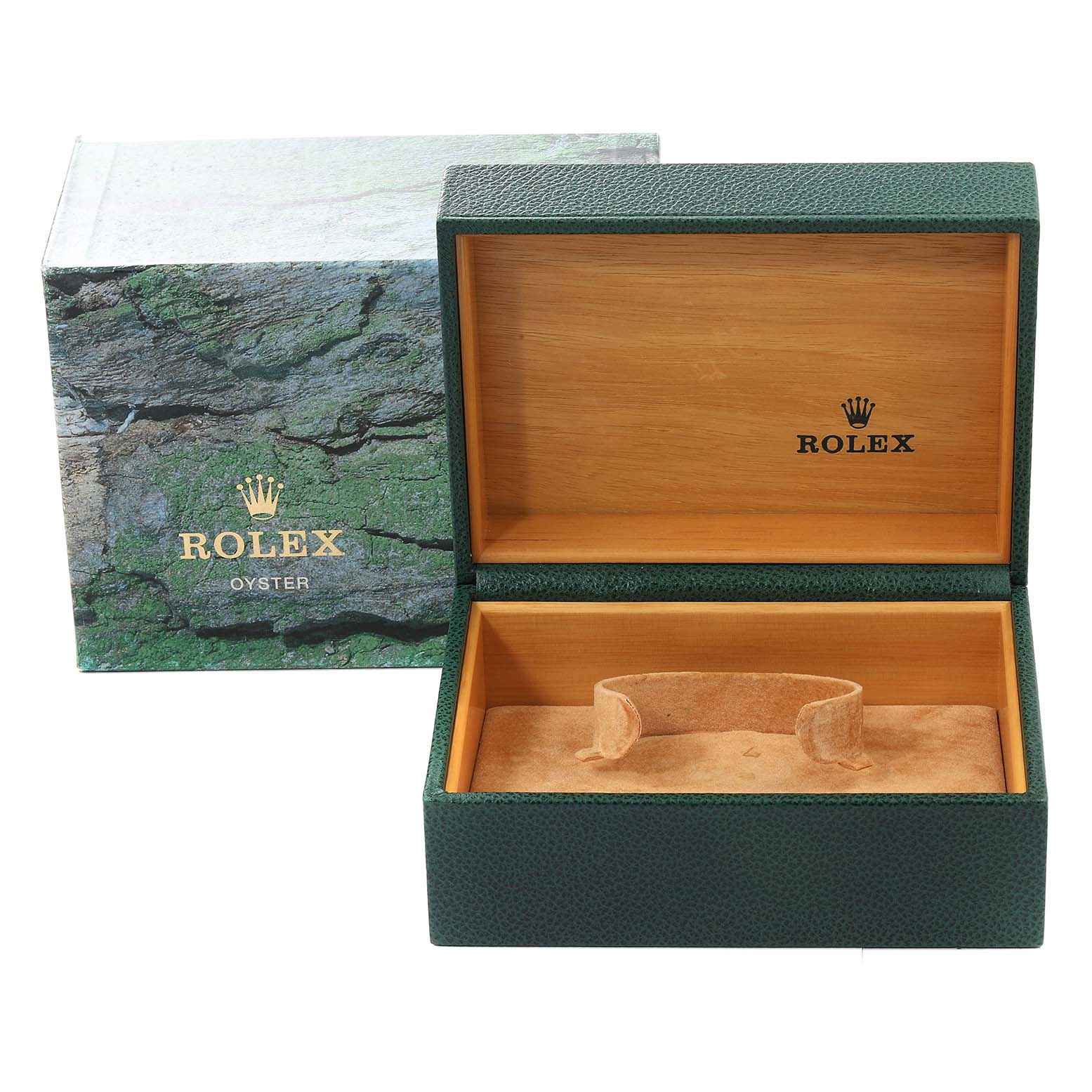 The image shows a Rolex Submariner 14060 Men
s Stainless Steel Black Dial 14060 Men
s Stainless Steel Black Dial watch box, including the outer box with the brand logo and the inner wooden display box.