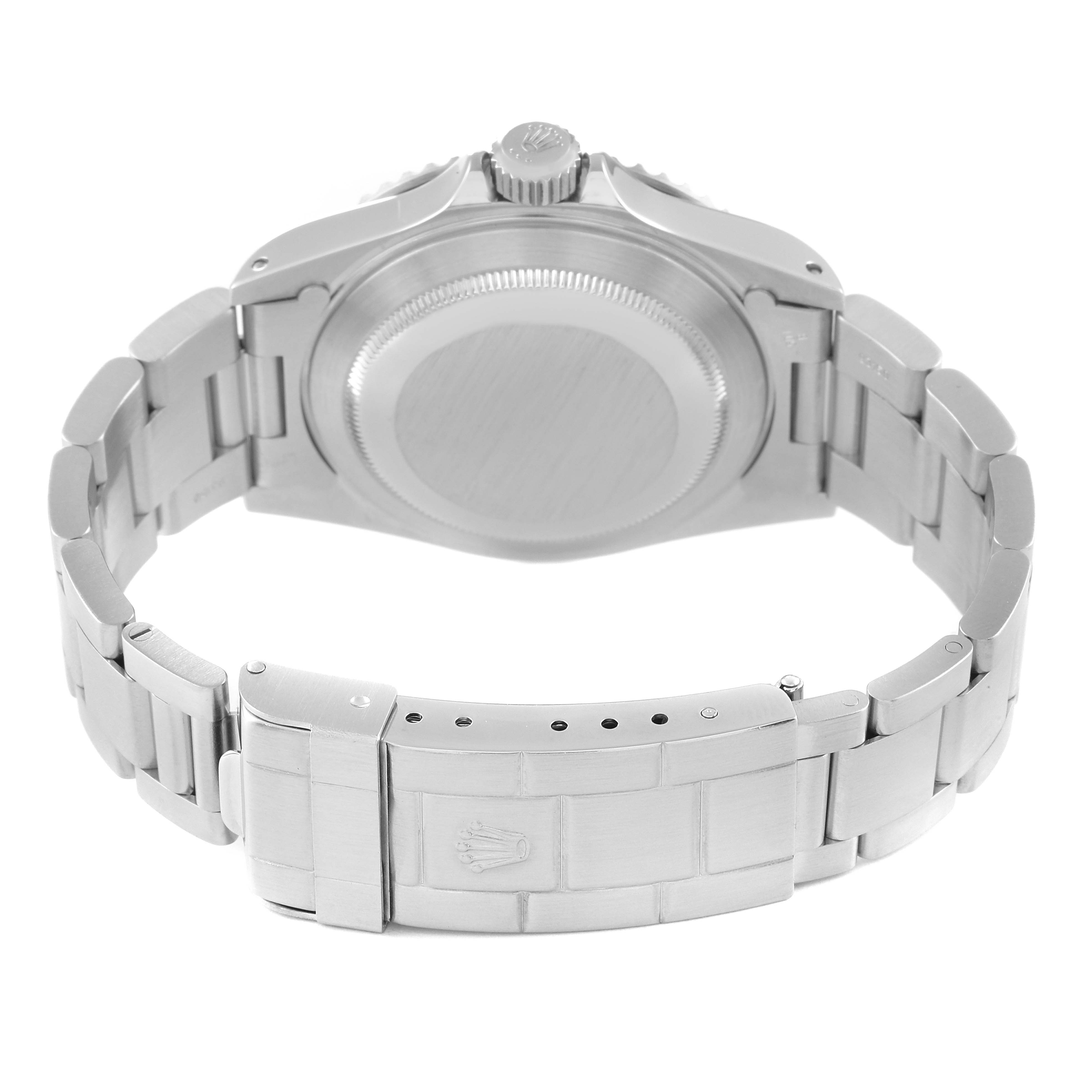 This image shows the back case and clasp of a Rolex Submariner 14060 Men
s Stainless Steel Black Dial 14060 Men
s Stainless Steel Black Dial watch, highlighting the bracelet and crown logo.