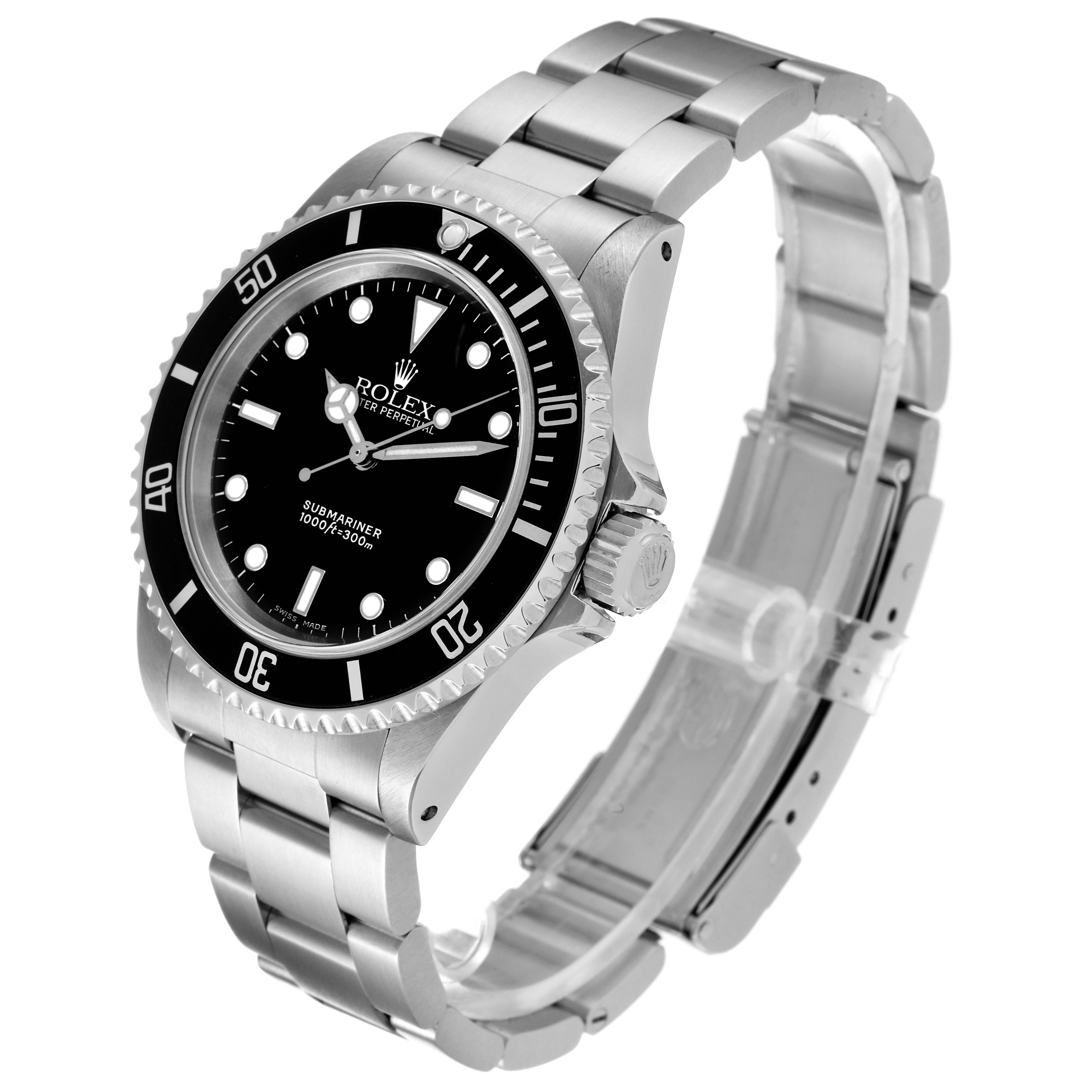 The image shows a side angle view of a Rolex Submariner 14060 Men
s Stainless Steel Black Dial 14060 Men
s Stainless Steel Black Dial watch, displaying the bracelet, dial, bezel, and crown.