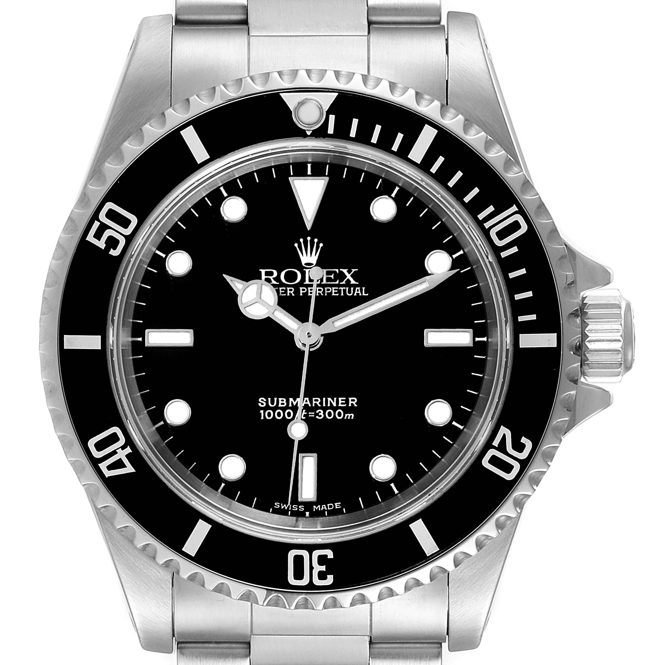 The image shows a front view of the Rolex Submariner 14060 Men
s Stainless Steel Black Dial 14060 Men
s Stainless Steel Black Dial watch, highlighting the bezel, dial, markers, hands, and crown.
