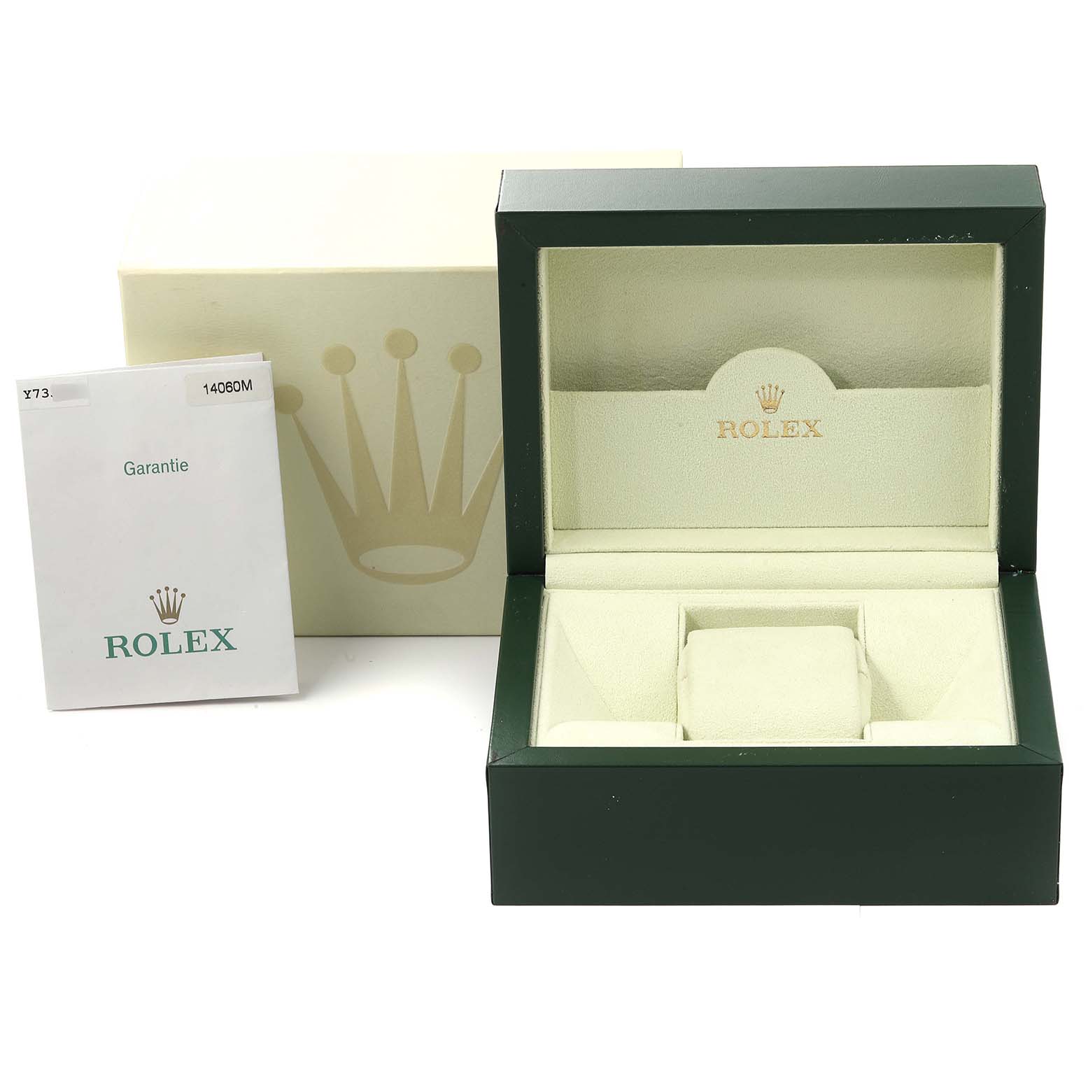The image shows the packaging of a Rolex Submariner 14060 Men
s Stainless Steel Black Dial 14060 Men
s Stainless Steel Black Dial, including the watch box, outer box, and warranty card.