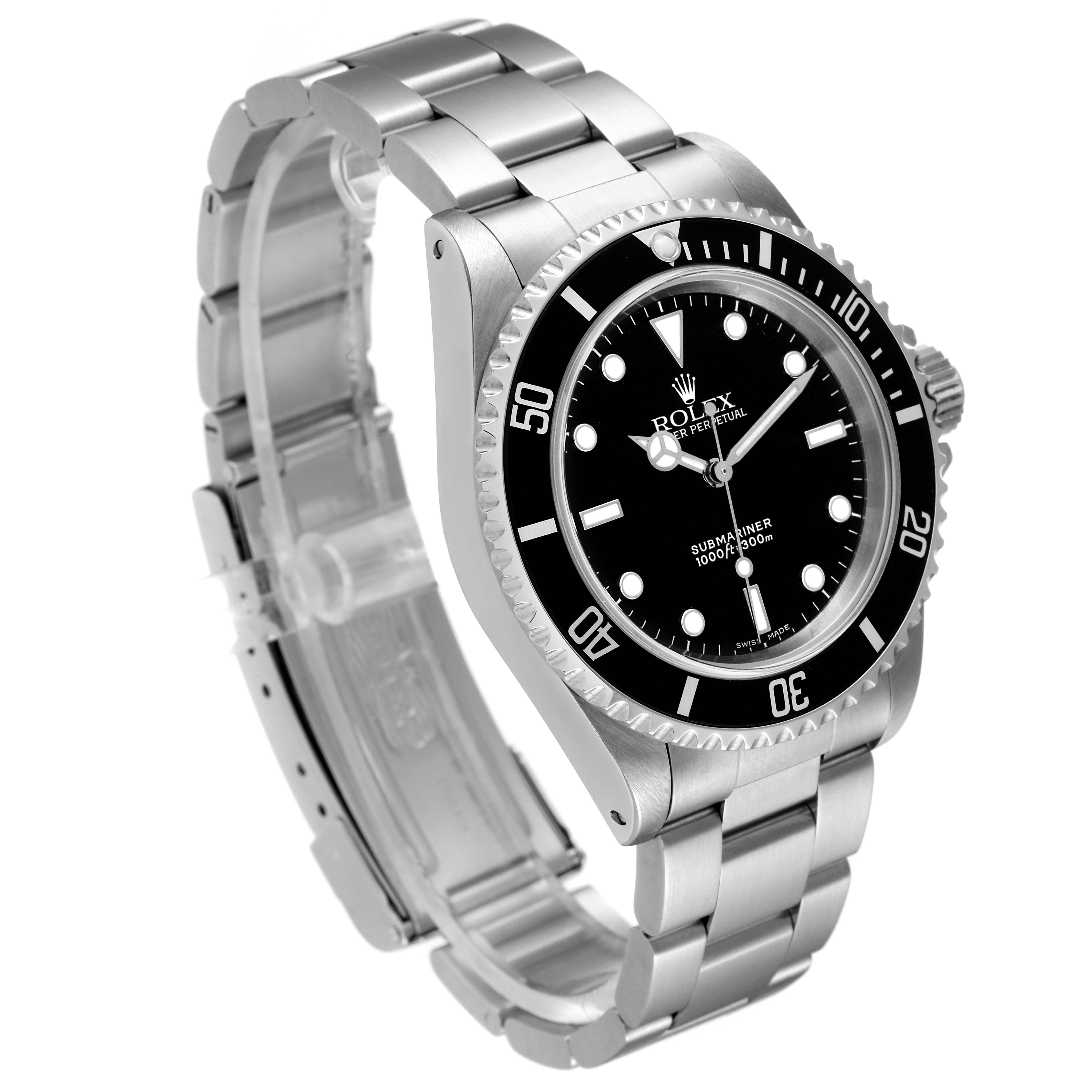 The image shows a side angle of a Rolex Submariner 14060 Men
s Stainless Steel Black Dial 14060 Men
s Stainless Steel Black Dial, displaying the face, bezel, and bracelet.