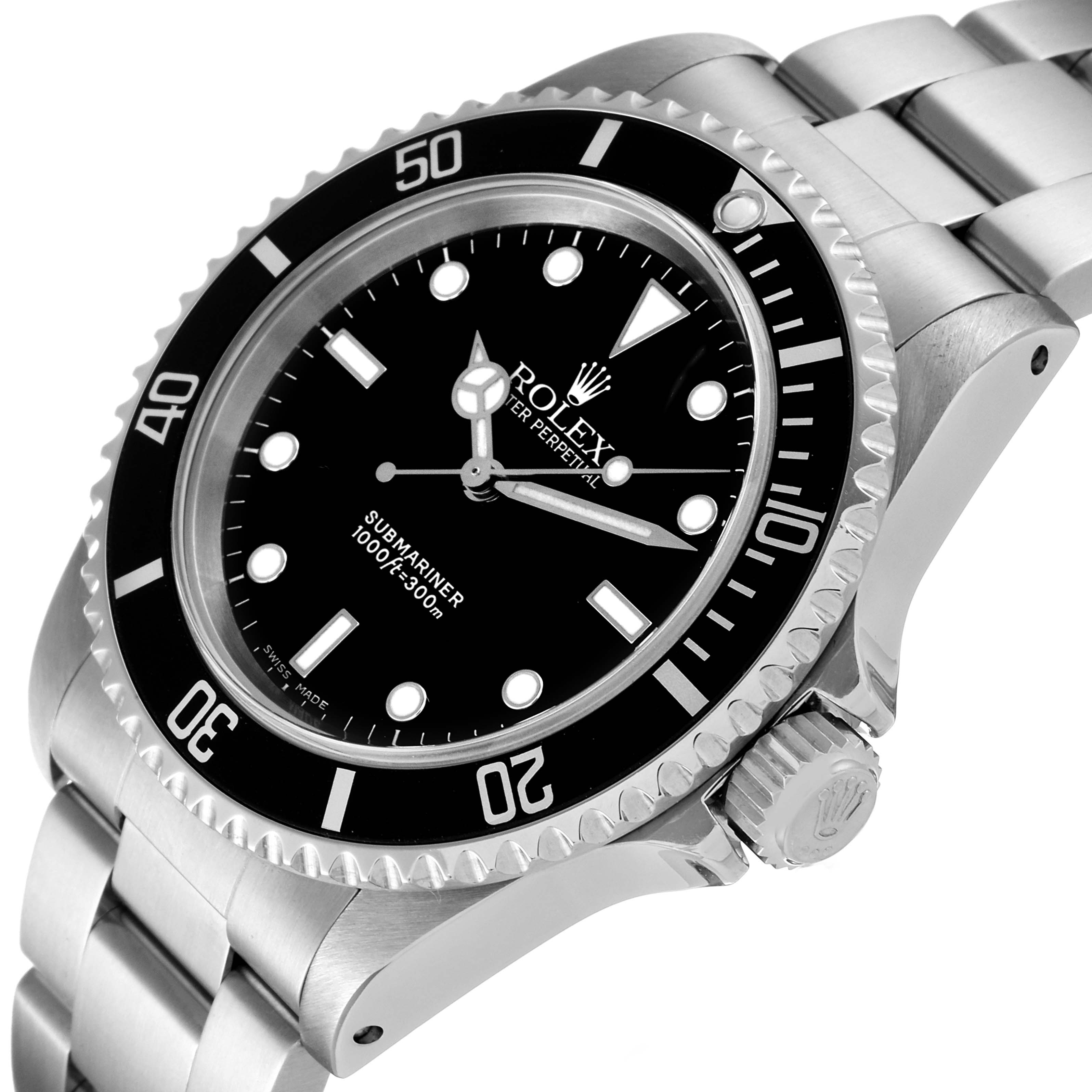 The image shows a Rolex Submariner 14060 Men
s Stainless Steel Black Dial 14060 Men
s Stainless Steel Black Dial watch at an angle highlighting the dial, bezel, case, and part of the bracelet.